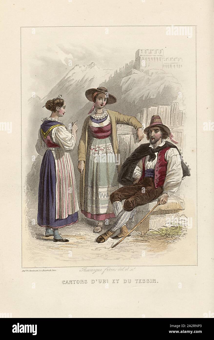 Canton of Uri and Ticino, Young People from the Cantons Uri and Tessin in Tracht, Colored Etching, Nach S. 242, Rouargue frères (del. et sc.), Xavier Marmier: Voyage en Suisse. Paris: Morizot, [1861 Stock Photo