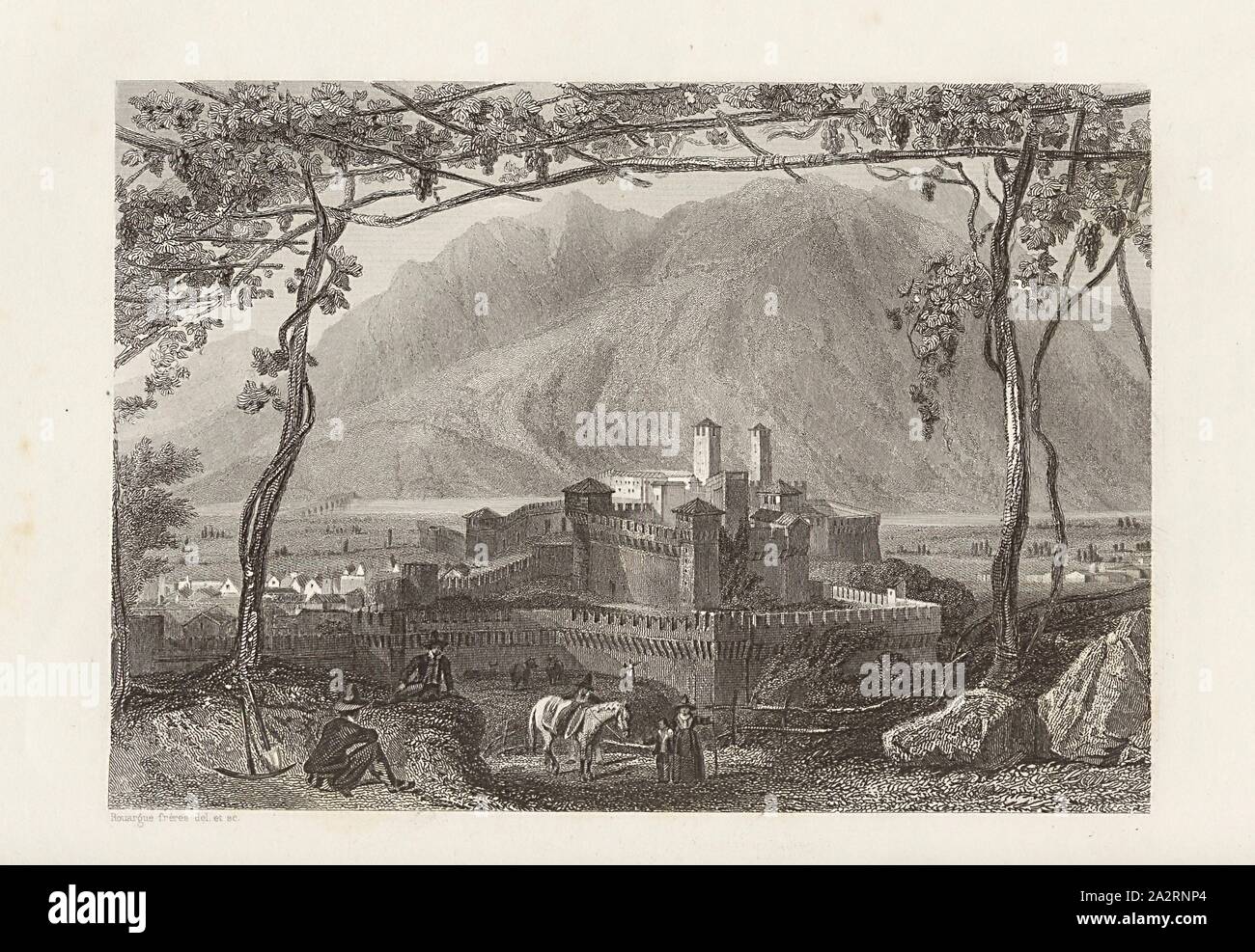 Bellinzone, Bellinzona, etching, to p. 248, Rouargue frères (del. et sc.), Xavier Marmier: Voyage en Suisse. Paris: Morizot, [1861 Stock Photo