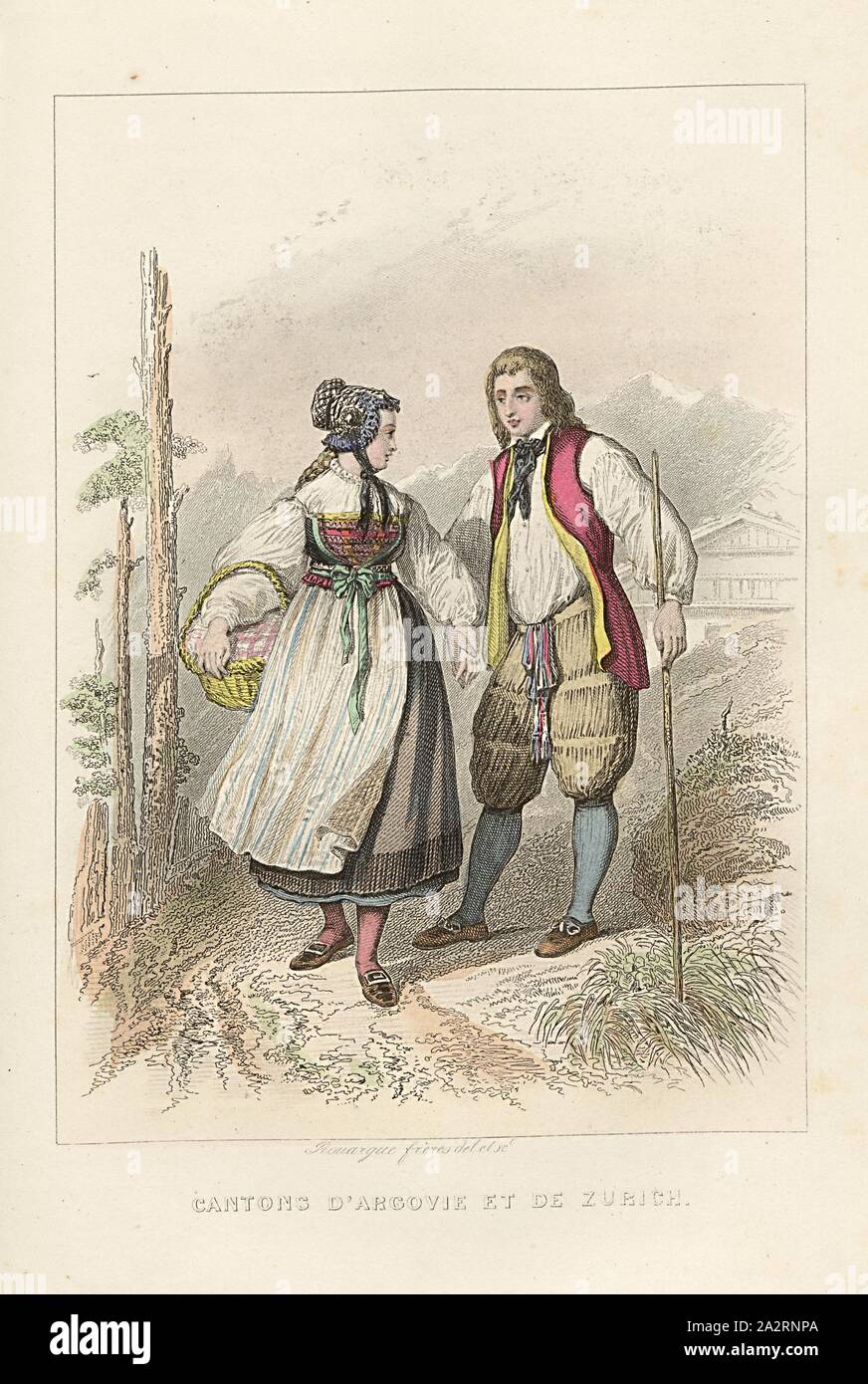 Canton of Aargau and Zurich, Couple in Aargauer and Zurich Costume, Colored Etching, to p. 346, Rouargues frères (del. et sc.), Xavier Marmier: Voyage en Suisse. Paris: Morizot, [1861 Stock Photo