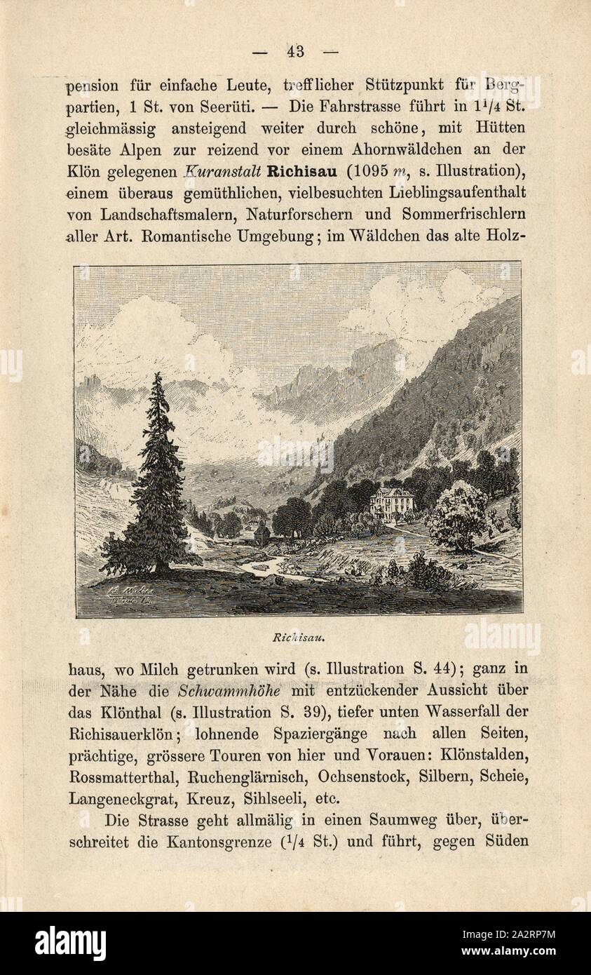 Richisau, Klön and Kuranstalt Richisau in Klöntal (Canton Glarus), signed: J. Weber, Fig. 14, p. 43, Weber, Johannes (del.); Orell Füssli & Co. (exc.), 1884, Ernst Buss: Glarnerland und Walensee. Zürich: Verlag, Druck und Illustration von Orell Füssli & Co., [1885 Stock Photo