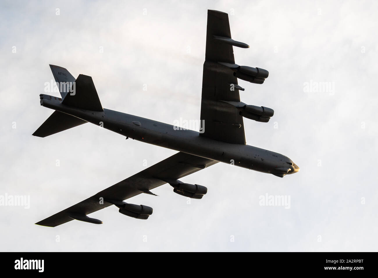 SANICOLE, BELGIUM - SEP 13, 2019: US Air Force Boeing B-52 Stratofortress bomer plane performing a low-pass at the Sanice Sunset Airshow. Stock Photo