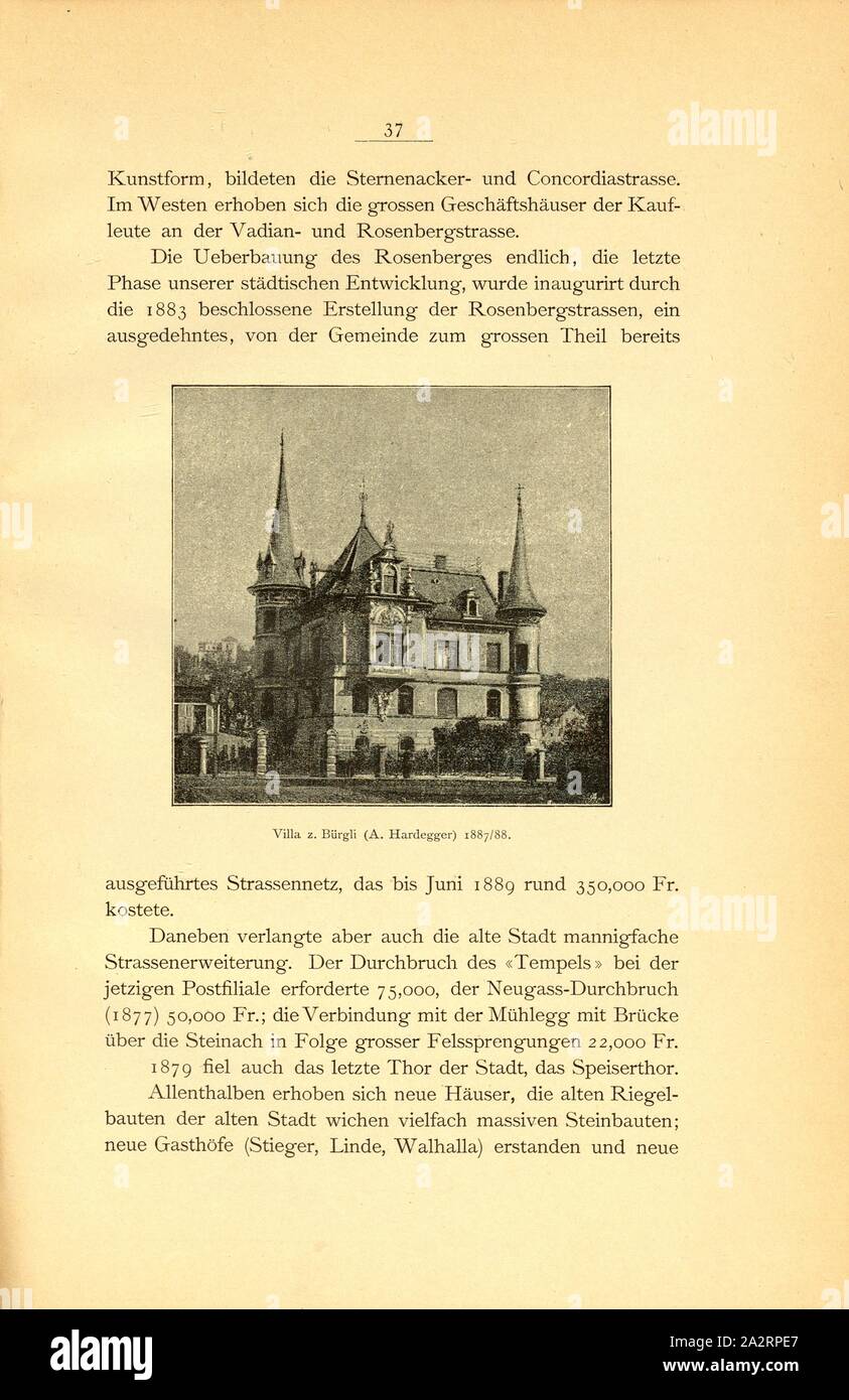 Villa z. Bürgli (A. Hardegger) 1887/88, Villa Zum Bürgli by the architect August Hardegger in St. Gallen (Switzerland), date estimated: hard, Fig. 31, p. 37, 1889, Section St. Gallen des Schweizerischen Ingenieur- und Architekten-Vereins (Hg.): Altes und Neues aus der Stadt St. Gallen. Anlässlich der Hauptversammlung des Schweizerischen Ingenieur- und Architekten-Vereins am 21. bis 23. September 1889. St.Gallen: Druck der Zollikofer'schen Buchdruckerei, 1889 Stock Photo