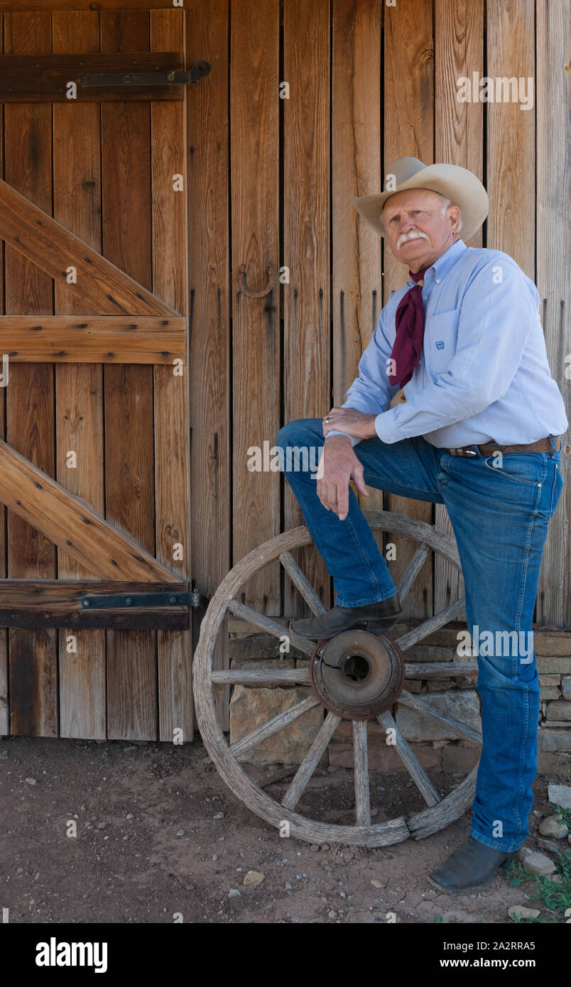 Rancher (and noted chuckwagon cook) Cliff Teinert at the Fort Griffin townsite, near the U.S. Army's frontier post of Fort Griffin in Shackelford County, Texas Stock Photo
