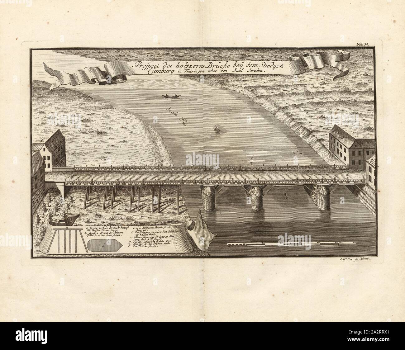 Prospect of the wooden bridge at the Stoëdgen Camburg in Thuringia over the hall Strohm, Wooden bridge over the Saale at Camburg (Dornburg-Camburg in Thuringia), Signed: I. W. Stör sc, Fig. 27, no. 34, after p. 96, Stör, Johann Wilhelm (sc.); Breitkopf, Bernhard Christoph (ed.), 1735, Carl Christian Schramm: Historischer Schauplatz in welchem die merkwürdigsten Brücken aus allen Theilen der Welt, insonderheit aber die in den vollkommensten Stand versetzte Dresdner Elb-Brücke, in saubern Prospecten, Münzen und andern Kupferstichen, vorgestellet und beschrieben werden. Leipzig: Bey Bernhard Stock Photo