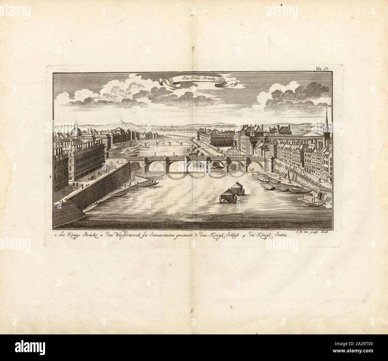 The New Bridge, Pont Neuf on the Seine in Paris, Signed: I. W. Stör sculps, Fig. 46, no. 57, according to p. 96, Breitkopf, Bernhard Christoph (ed.), 1735, Carl Christian Schramm: Historischer Schauplatz in welchem die merkwürdigsten Brücken aus allen Theilen der Welt, insonderheit aber die in den vollkommensten Stand versetzte Dresdner Elb-Brücke, in saubern Prospecten, Münzen und andern Kupferstichen, vorgestellet und beschrieben werden. Leipzig: Bey Bernhard Christoph Breitkopf, 1735 Stock Photo