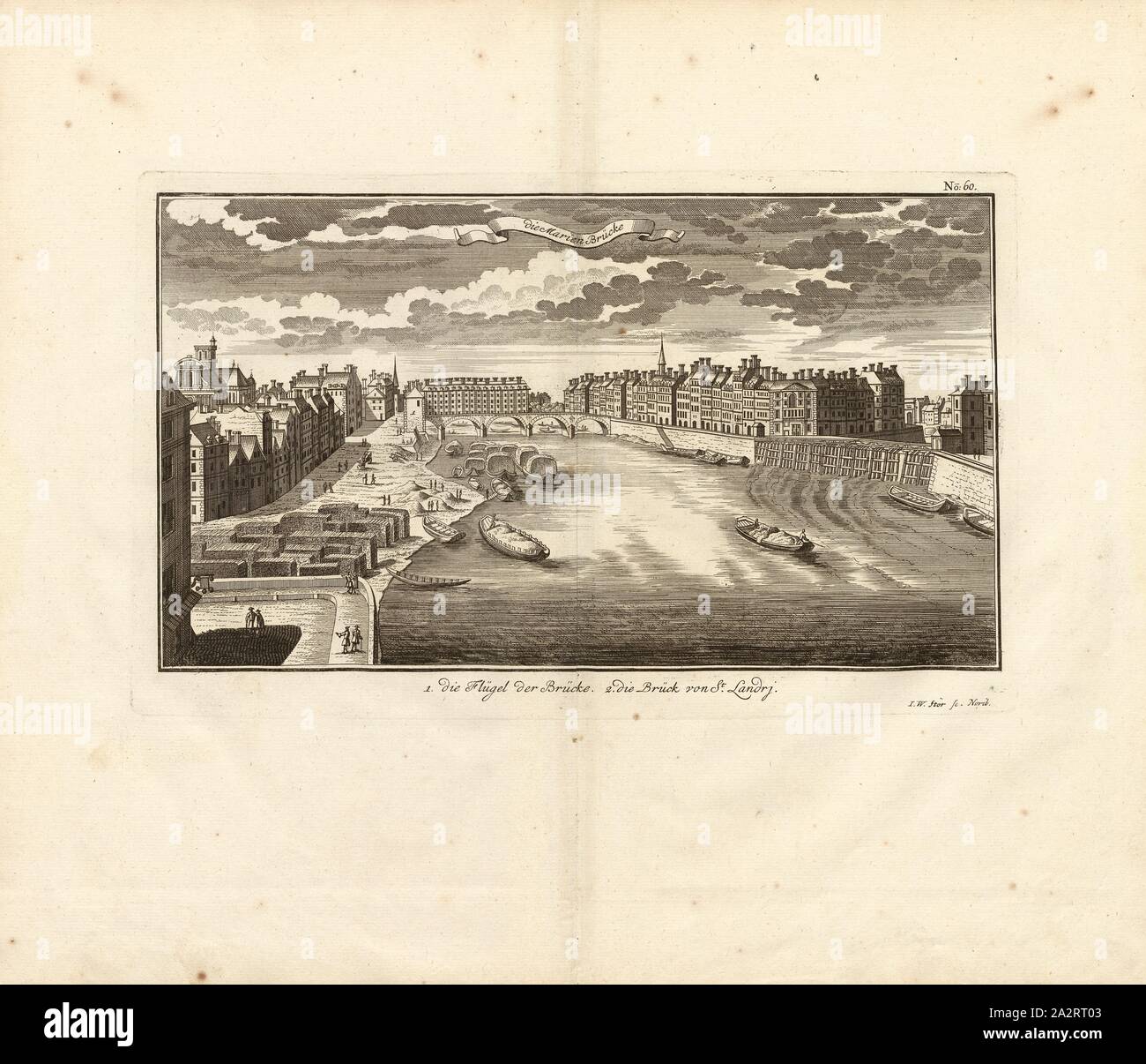 The Marien bridge, Pont Marie on the Seine in Paris, Signed: I. W. Stör sc, Fig. 49, no. 60, according to p. 96, Stör, Johann Wilhelm (sc.); Breitkopf, Bernhard Christoph (ed.), 1735, Carl Christian Schramm: Historischer Schauplatz in welchem die merkwürdigsten Brücken aus allen Theilen der Welt, insonderheit aber die in den vollkommensten Stand versetzte Dresdner Elb-Brücke, in saubern Prospecten, Münzen und andern Kupferstichen, vorgestellet und beschrieben werden. Leipzig: Bey Bernhard Christoph Breitkopf, 1735 Stock Photo