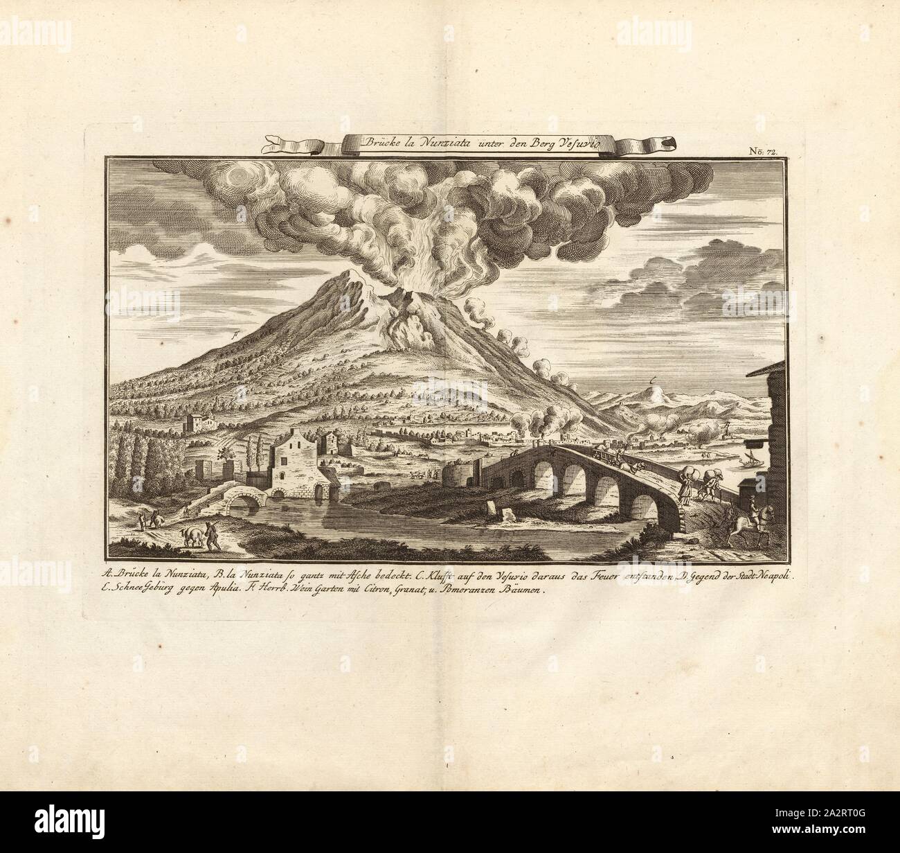 Bridge La Nunziata under the mountain Vesuvio, Bridge near Torre Annunziata and Vesuvius, Fig. 60, no. 72, after p. 96, Breitkopf, Bernhard Christoph (ed.), 1735, Carl Christian Schramm: Historischer Schauplatz in welchem die merkwürdigsten Brücken aus allen Theilen der Welt, insonderheit aber die in den vollkommensten Stand versetzte Dresdner Elb-Brücke, in saubern Prospecten, Münzen und andern Kupferstichen, vorgestellet und beschrieben werden. Leipzig: Bey Bernhard Christoph Breitkopf, 1735 Stock Photo