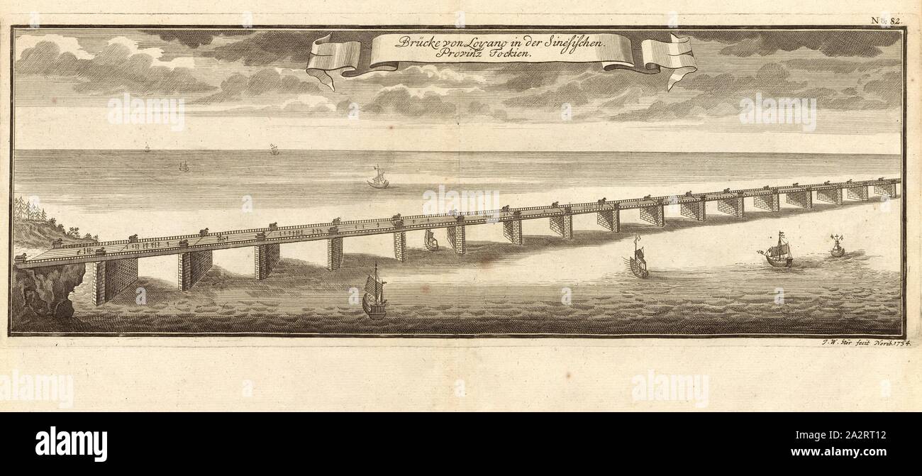 Bridge of Loyano in the Sines province Fockien, Luoyang Bridge in China, Signed: I. W. Stör fecit, Fig. 72, no. 82, according to p. 96, Stör, Johann Wilhelm (sc.); Breitkopf, Bernhard Christoph (ed.), 1734, Carl Christian Schramm: Historischer Schauplatz in welchem die merkwürdigsten Brücken aus allen Theilen der Welt, insonderheit aber die in den vollkommensten Stand versetzte Dresdner Elb-Brücke, in saubern Prospecten, Münzen und andern Kupferstichen, vorgestellet und beschrieben werden. Leipzig: Bey Bernhard Christoph Breitkopf, 1735 Stock Photo