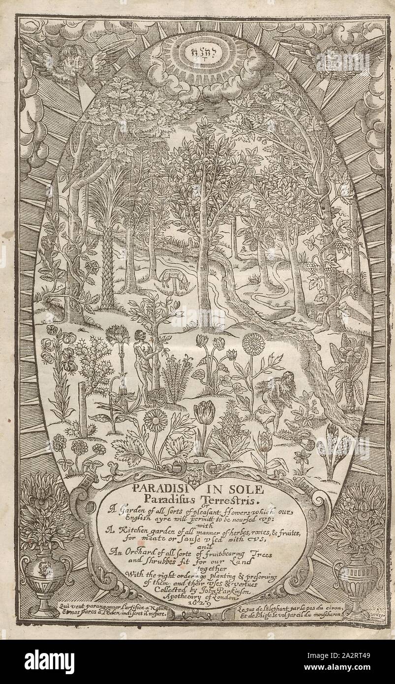 Titelblatt aus John Parkinsons 'Paradisi in sole ...', Title page on John Parkinson's 'Paradisi in sole ...' showing Adam and Eve in Paradise, 17th century, signed: A. Switzer;, Title page, Switzer, A., 1629, John Parkinson: Paradisi in sole, paradisus terrestris: or a garden of all sorts of pleasant flowers which our english ayre will permit to be noursed up: with a kitchen garden of all manners of herbes, rootes, & fruites, for meate or sause used with us: and an orchard of all sorte of fruitbearing trees and shrubbes fit for our land: together with the right orderinge planting & preserving Stock Photo