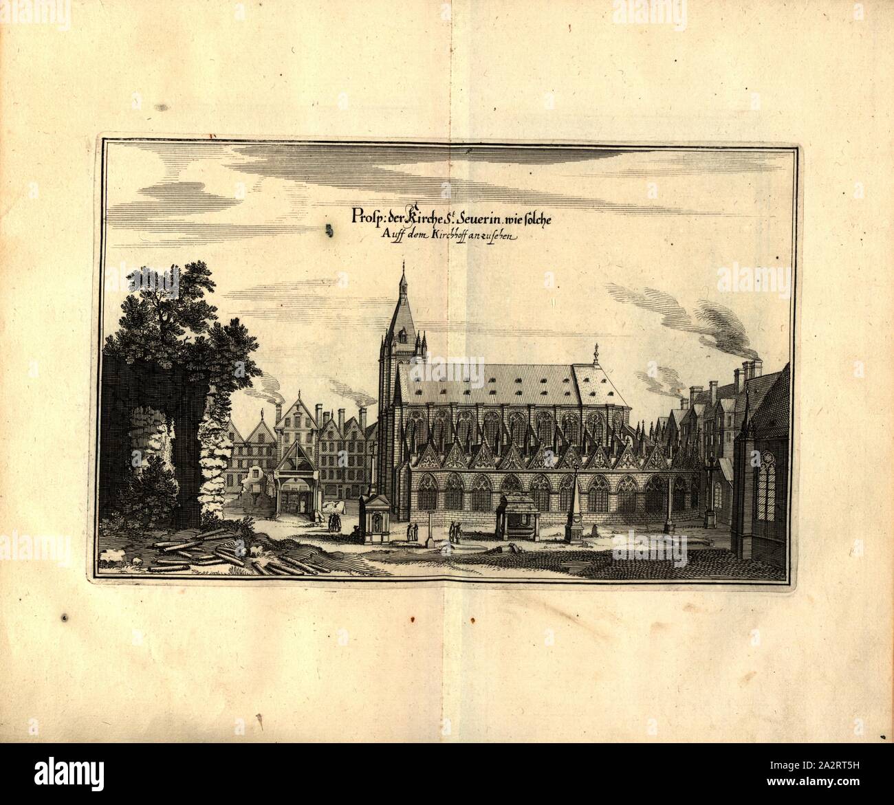 Prosp. Of the Church of St. Severin as such Auff the Kirchhoff view, Church of St. Severein in Paris, Fig. 13, p. 64, 1661, Martin Zeiller: Topographia Galliae, oder Beschreibung und Contrafaitung der vornehmbsten und bekantisten Oerter in dem mächtigen und grossen Königreich Franckreich: beedes auss eygner Erfahrung und den besten und berühmbtesten Scribenten, so in underschiedlichen Spraachen davon aussgangen seyn, auch auss erlangten Bericht und Relationen von etlichen Jahren hero zusammen getragen, in richtige Ordnung gebracht und auff Begehren zum Druck verfertiget. Franckfurt am Mayn: in Stock Photo