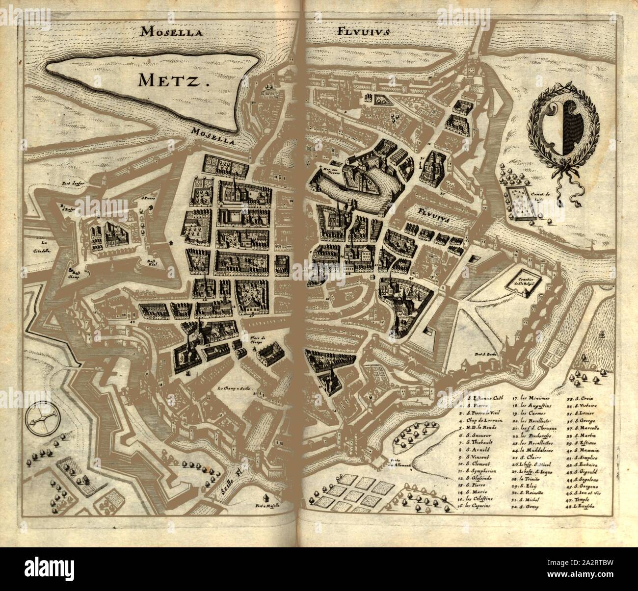 Metz, Plan of Metz, Fig. 170, p. 20, 1661, Martin Zeiller: Topographia Galliae, oder Beschreibung und Contrafaitung der vornehmbsten und bekantisten Oerter in dem mächtigen und grossen Königreich Franckreich: beedes auss eygner Erfahrung und den besten und berühmbtesten Scribenten, so in underschiedlichen Spraachen davon aussgangen seyn, auch auss erlangten Bericht und Relationen von etlichen Jahren hero zusammen getragen, in richtige Ordnung gebracht und auff Begehren zum Druck verfertiget. Franckfurt am Mayn: in Verlag Caspar Merians, 1655-1661 Stock Photo