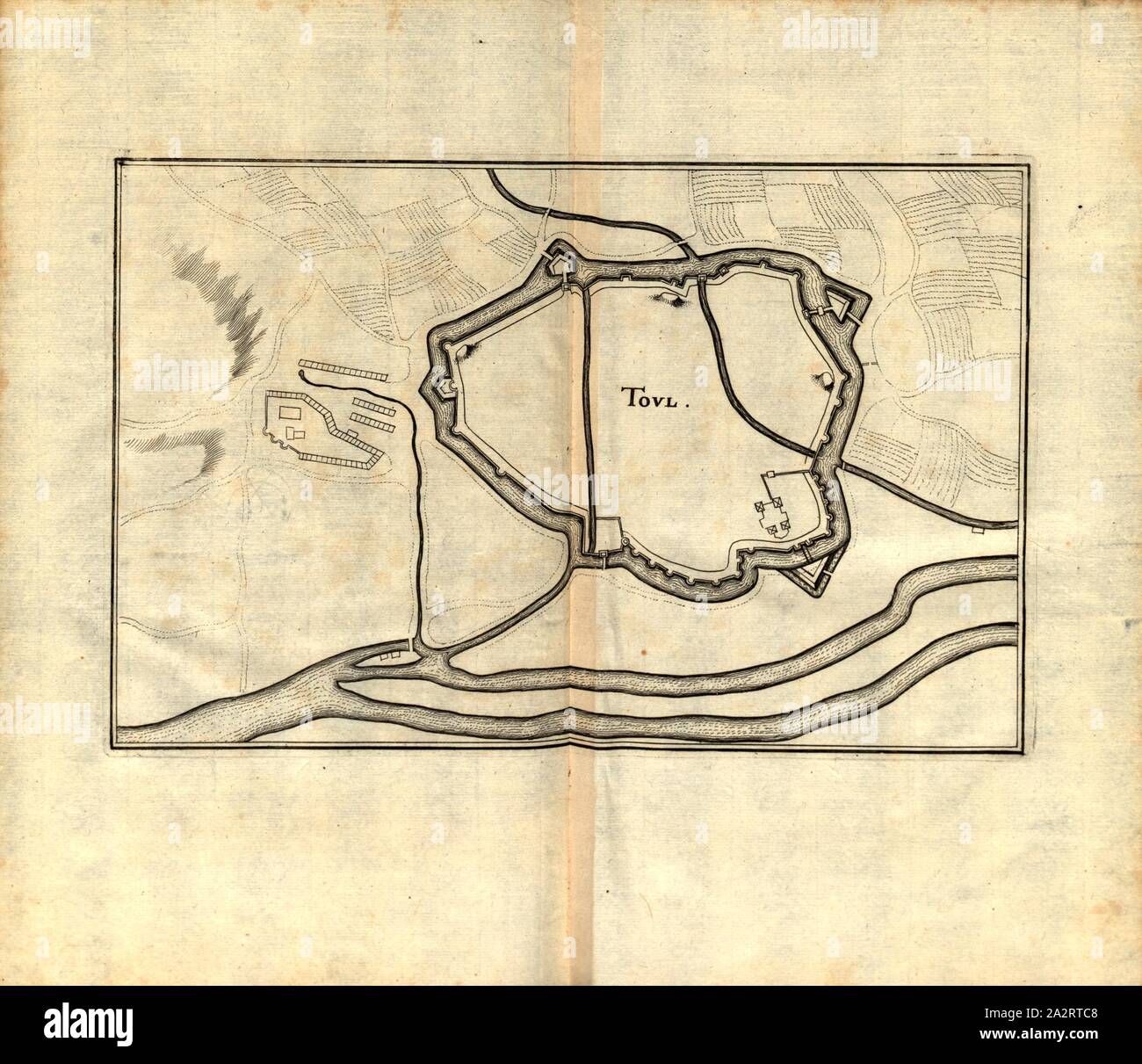 Toul, Plan of the fortification of Toul in France, Fig. 194, p. 34, 1661, Martin Zeiller: Topographia Galliae, oder Beschreibung und Contrafaitung der vornehmbsten und bekantisten Oerter in dem mächtigen und grossen Königreich Franckreich: beedes auss eygner Erfahrung und den besten und berühmbtesten Scribenten, so in underschiedlichen Spraachen davon aussgangen seyn, auch auss erlangten Bericht und Relationen von etlichen Jahren hero zusammen getragen, in richtige Ordnung gebracht und auff Begehren zum Druck verfertiget. Franckfurt am Mayn: in Verlag Caspar Merians, 1655-1661 Stock Photo