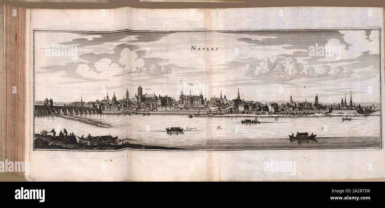 Nevers, Nevers at the Loire in France, Fig. 220, p. 18, 1661, Martin Zeiller: Topographia Galliae, oder Beschreibung und Contrafaitung der vornehmbsten und bekantisten Oerter in dem mächtigen und grossen Königreich Franckreich: beedes auss eygner Erfahrung und den besten und berühmbtesten Scribenten, so in underschiedlichen Spraachen davon aussgangen seyn, auch auss erlangten Bericht und Relationen von etlichen Jahren hero zusammen getragen, in richtige Ordnung gebracht und auff Begehren zum Druck verfertiget. Franckfurt am Mayn: in Verlag Caspar Merians, 1655-1661 Stock Photo