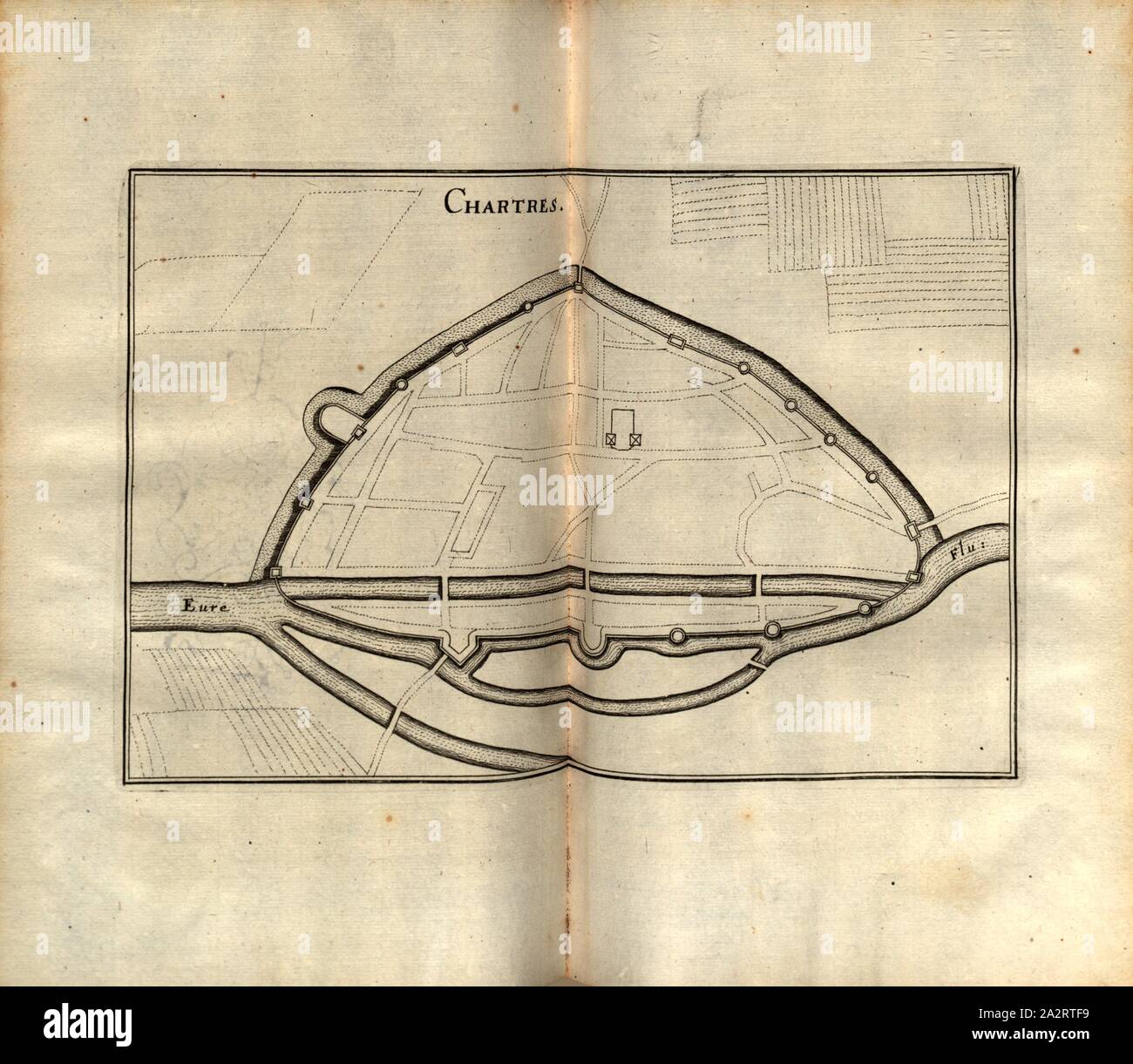 Chartres, Plan of fortification of Chartres in France, Fig. 243, p. 16, 1661, Martin Zeiller: Topographia Galliae, oder Beschreibung und Contrafaitung der vornehmbsten und bekantisten Oerter in dem mächtigen und grossen Königreich Franckreich: beedes auss eygner Erfahrung und den besten und berühmbtesten Scribenten, so in underschiedlichen Spraachen davon aussgangen seyn, auch auss erlangten Bericht und Relationen von etlichen Jahren hero zusammen getragen, in richtige Ordnung gebracht und auff Begehren zum Druck verfertiget. Franckfurt am Mayn: in Verlag Caspar Merians, 1655-1661 Stock Photo