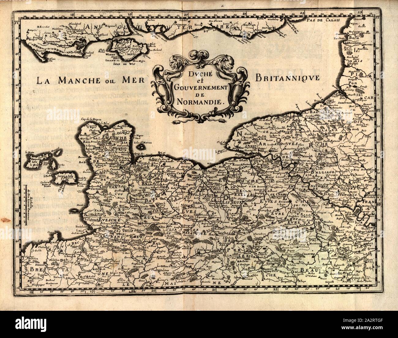 Duchy and Government of Normandy, Map of the Normandy region, Fig. 260, p. 3, 1661, Martin Zeiller: Topographia Galliae, oder Beschreibung und Contrafaitung der vornehmbsten und bekantisten Oerter in dem mächtigen und grossen Königreich Franckreich: beedes auss eygner Erfahrung und den besten und berühmbtesten Scribenten, so in underschiedlichen Spraachen davon aussgangen seyn, auch auss erlangten Bericht und Relationen von etlichen Jahren hero zusammen getragen, in richtige Ordnung gebracht und auff Begehren zum Druck verfertiget. Franckfurt am Mayn: in Verlag Caspar Merians, 1655-1661 Stock Photo