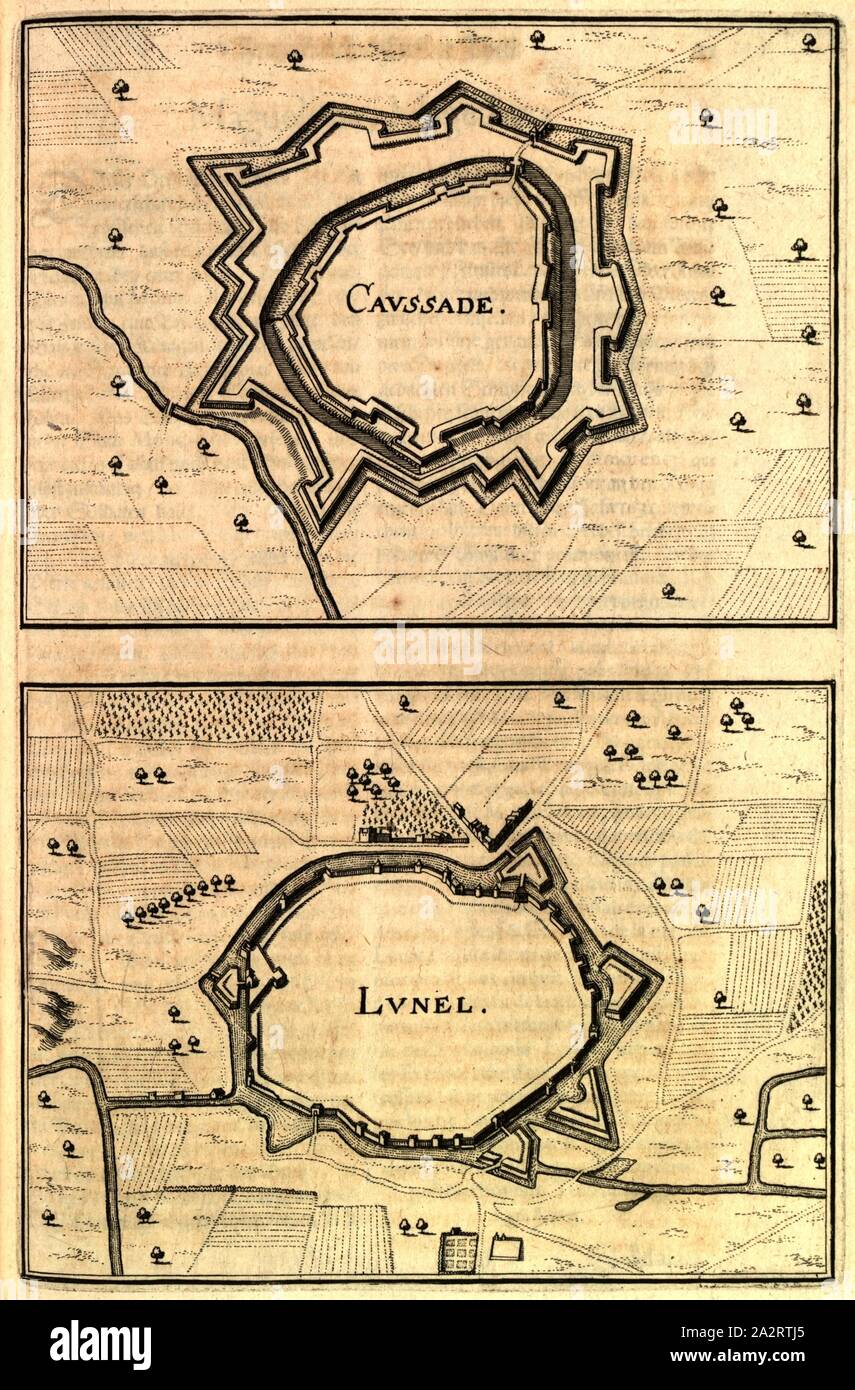 Caussade and Lunel, Plan of fortification of Caussade and Lunel in France, Fig. 300, p. 36, 1661, Martin Zeiller: Topographia Galliae, oder Beschreibung und Contrafaitung der vornehmbsten und bekantisten Oerter in dem mächtigen und grossen Königreich Franckreich: beedes auss eygner Erfahrung und den besten und berühmbtesten Scribenten, so in underschiedlichen Spraachen davon aussgangen seyn, auch auss erlangten Bericht und Relationen von etlichen Jahren hero zusammen getragen, in richtige Ordnung gebracht und auff Begehren zum Druck verfertiget. Franckfurt am Mayn: in Verlag Caspar Merians Stock Photo