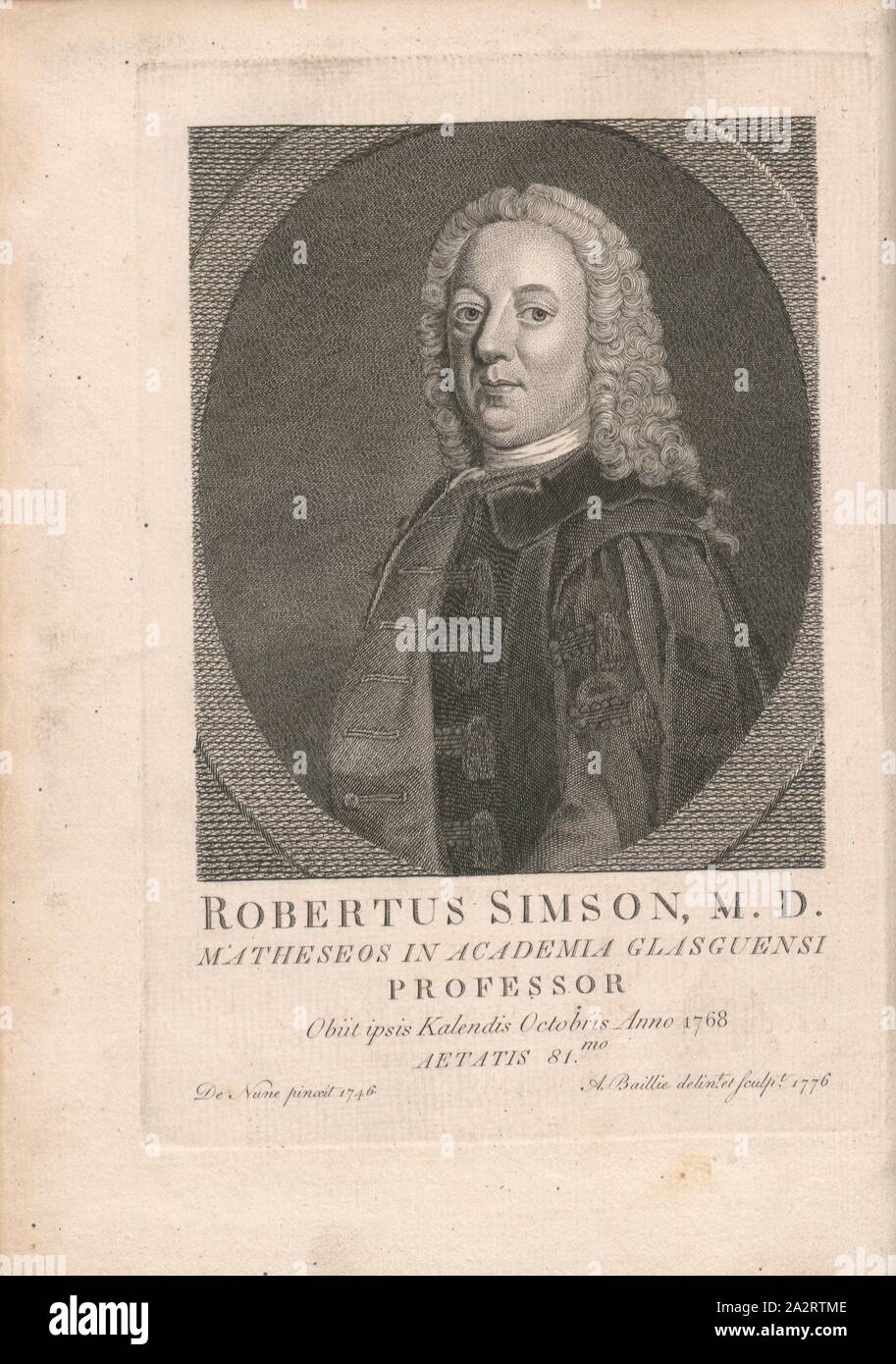 Robert Simson, MD Professor of mathematics at University of Glasgow;, Portrait of Robert Simson (1687-1768), Signed: De Nune pinxit; A. Baillie delin., et sculp, frontispiece, De Nune, William (pinx.); Baillie, A. (sc.), 1746, Robert Simson, Jacobus Clow: Roberti Simson, M. D. Matheseos Nuper In Academia Glasguensi Professoris Opera Quaedam Reliqua, Scilicet: I. Apollonii Pergaei De Sectione Determinata Libri II. Restituti, Duobus Insuper Libris Aucti: II. Porismatum Liber, Quo Vindicare, Et Ad Captum Hodiernorum Adumbrare Constitutum Est: III. De Logarithmis Liber: IV. De Limitibus Stock Photo