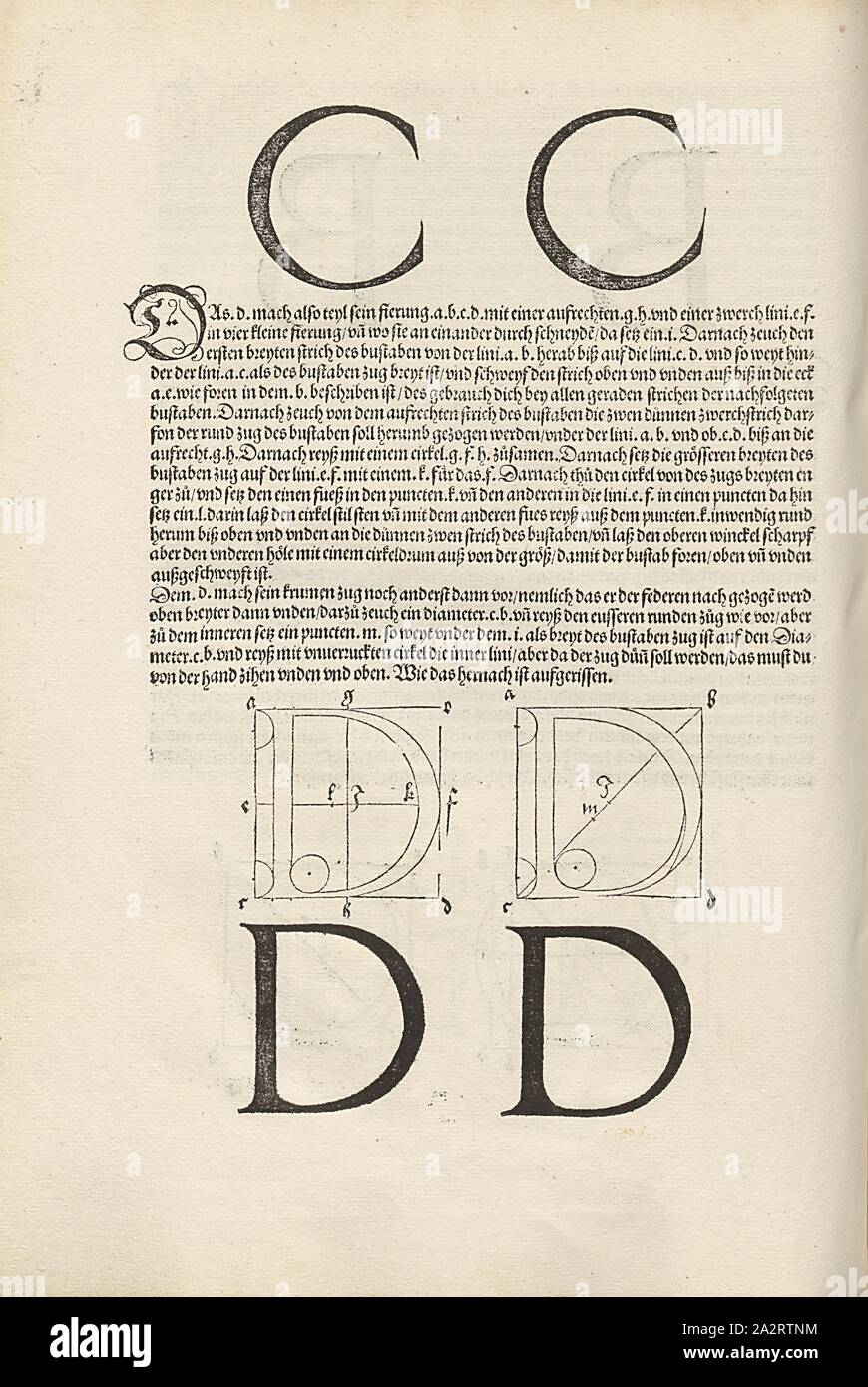 Corn C and D, Construction of the letter D from Dürer Serif typeface, F. 58r, p. 120, Dürer, Albrecht, 1525, Albrecht Dürer: Underweysung der Messung, mit dem Zirckel und Richtscheyt, in Linien ebnen unnd gantzen Corporen. [Nürnberg], [s. n.], [1525 Stock Photo