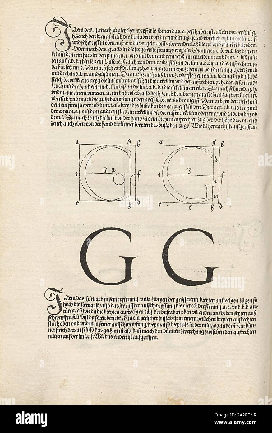 Uppercase G, Construction of the letter G from Dürer's serif typeface, F. 59r, p. 1221, Dürer, Albrecht, 1525, Albrecht Dürer: Underweysung der Messung, mit dem Zirckel und Richtscheyt, in Linien ebnen unnd gantzen Corporen. [Nürnberg], [s. n.], [1525 Stock Photo