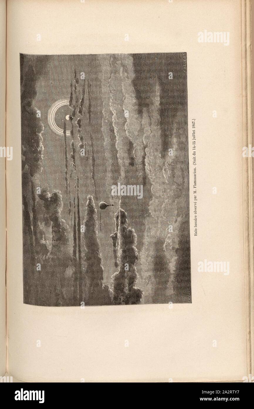 Lunar halo observed by M. Flammarion. Night of July 14-15, 1867., Halo around the Moon, observed during a flight by Camille Flammarion on the night of July 14 and 15, 1867, Signed: Ciceri; Sargent, Fig. 52, p. 271, Ciceri, Eugène (del.); Sargent (sc.), 1870, James Glaisher; Camille Flammarion; Wilfrid de Fonvielle; Gaston Tissandier: Voyages aériens. Paris: Hachette, 1870 Stock Photo