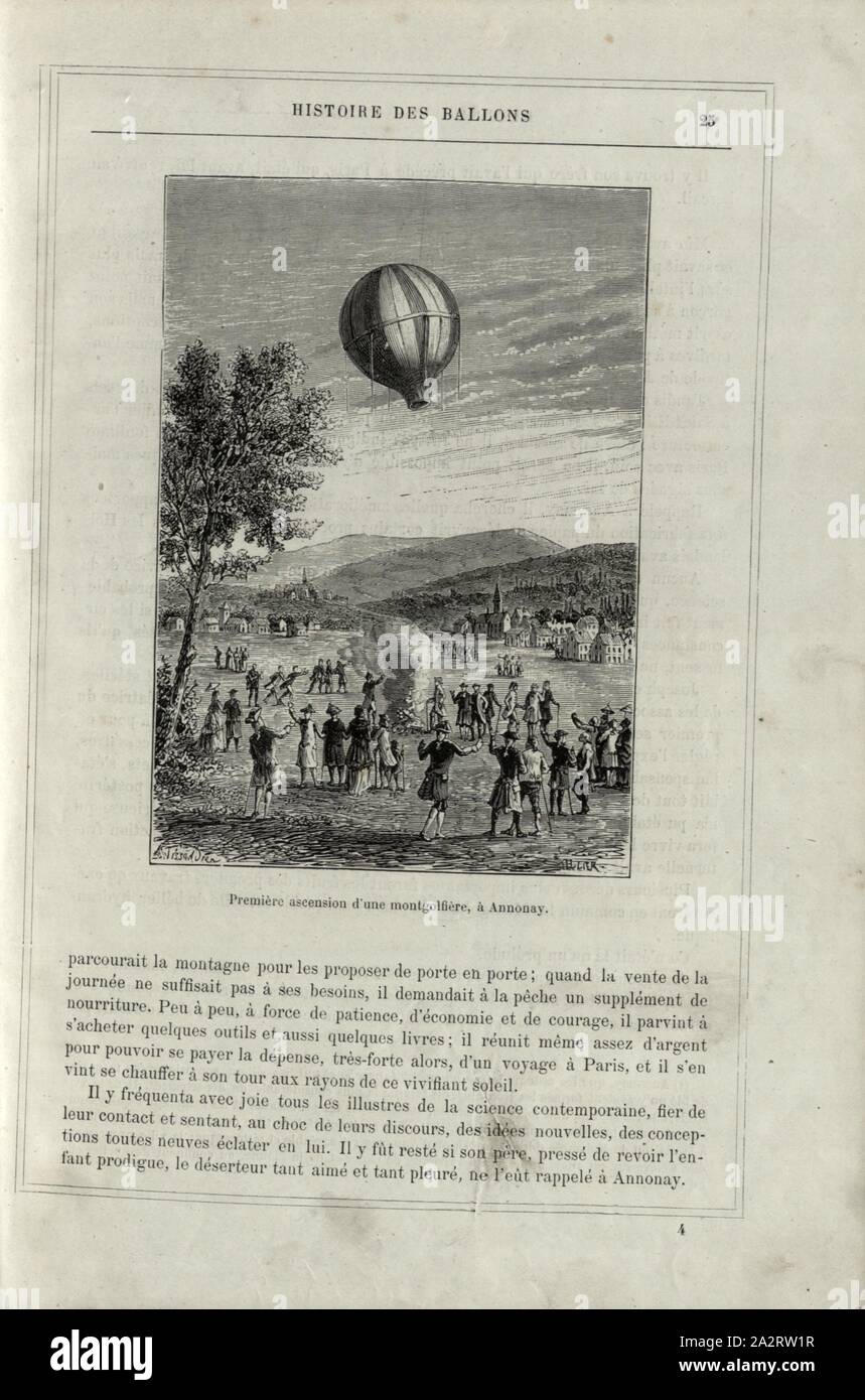 First climb of a hot air balloon in Annonay, First flight of a Montgolfière on 4 June 1783 in Annonay by the Montgolfier brothers, Signed: A. Tissandier; Tellier ?, Fig. 8, p. 25, Tissandier, Albert (dess.); Tellier, Edmond (sc.), 1876, Alfred Sircos; Th. Pallier: Histoire des ballons et des ascensions célèbres avec une préface de Nadar: dessins de A. Tissandier [...]. Paris: F. Roy, 1876 Stock Photo