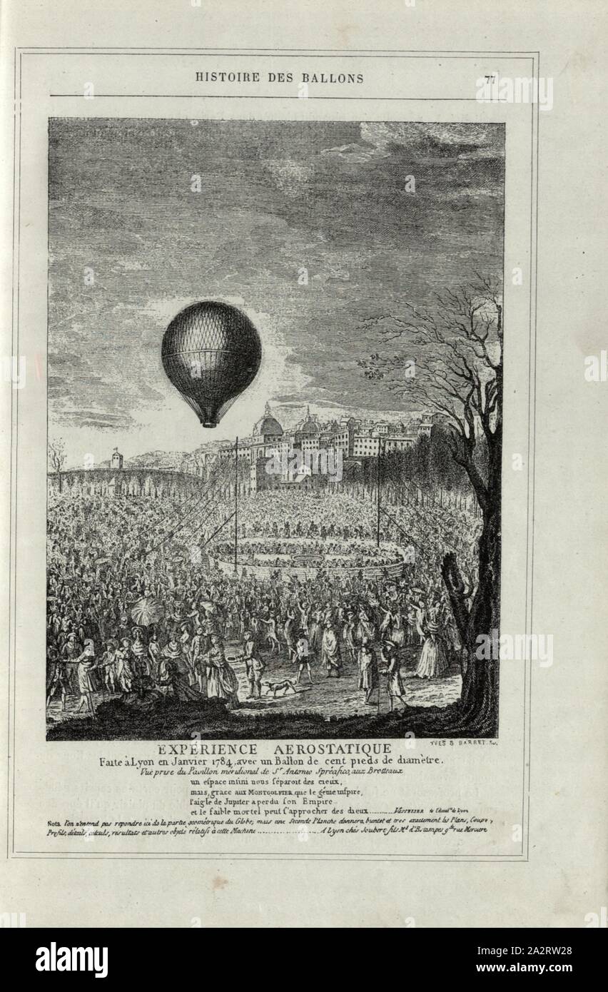 Aerostatic experience. Made in Lyon in January 1784, with a balloon hundred  feet in diameter, Flight of the hot-air balloon 'Le Flesselle' on 19  January 1784 with Joseph Michel de Montgolfier and