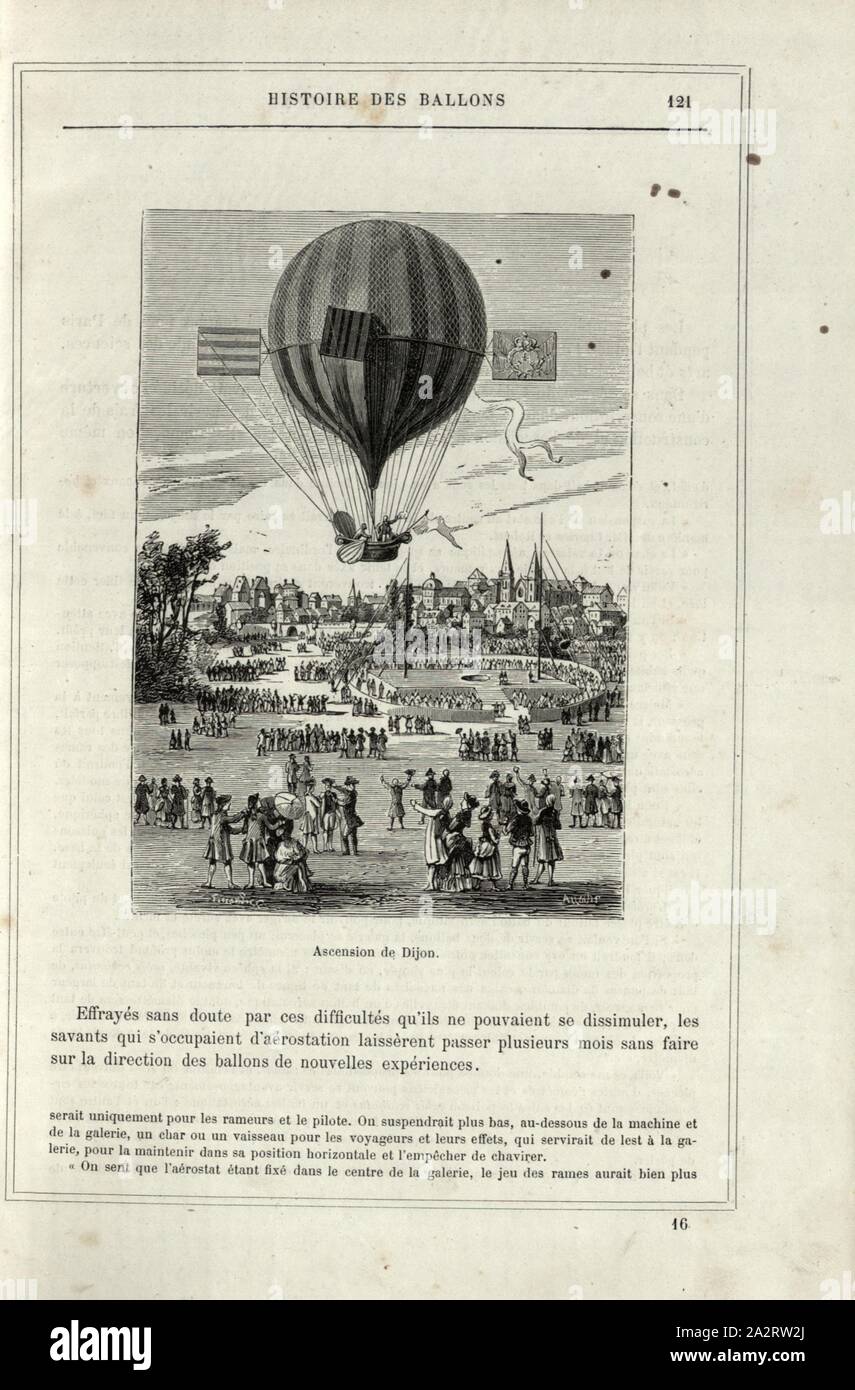 Ascension of Dijon, Rise of the first controlled hot air balloon of the Académie de Dijon on April 25, 1784 with Louis Bernard Guyton de Morveau and Charles André Hector Grossart de Virly, Signed: Tissandier; Allouis ?, Fig. 27, p. 121, Tissandier, Albert (dess.); Allouis (sc.), 1876, Alfred Sircos; Th. Pallier: Histoire des ballons et des ascensions célèbres avec une préface de Nadar: dessins de A. Tissandier [...]. Paris: F. Roy, 1876 Stock Photo