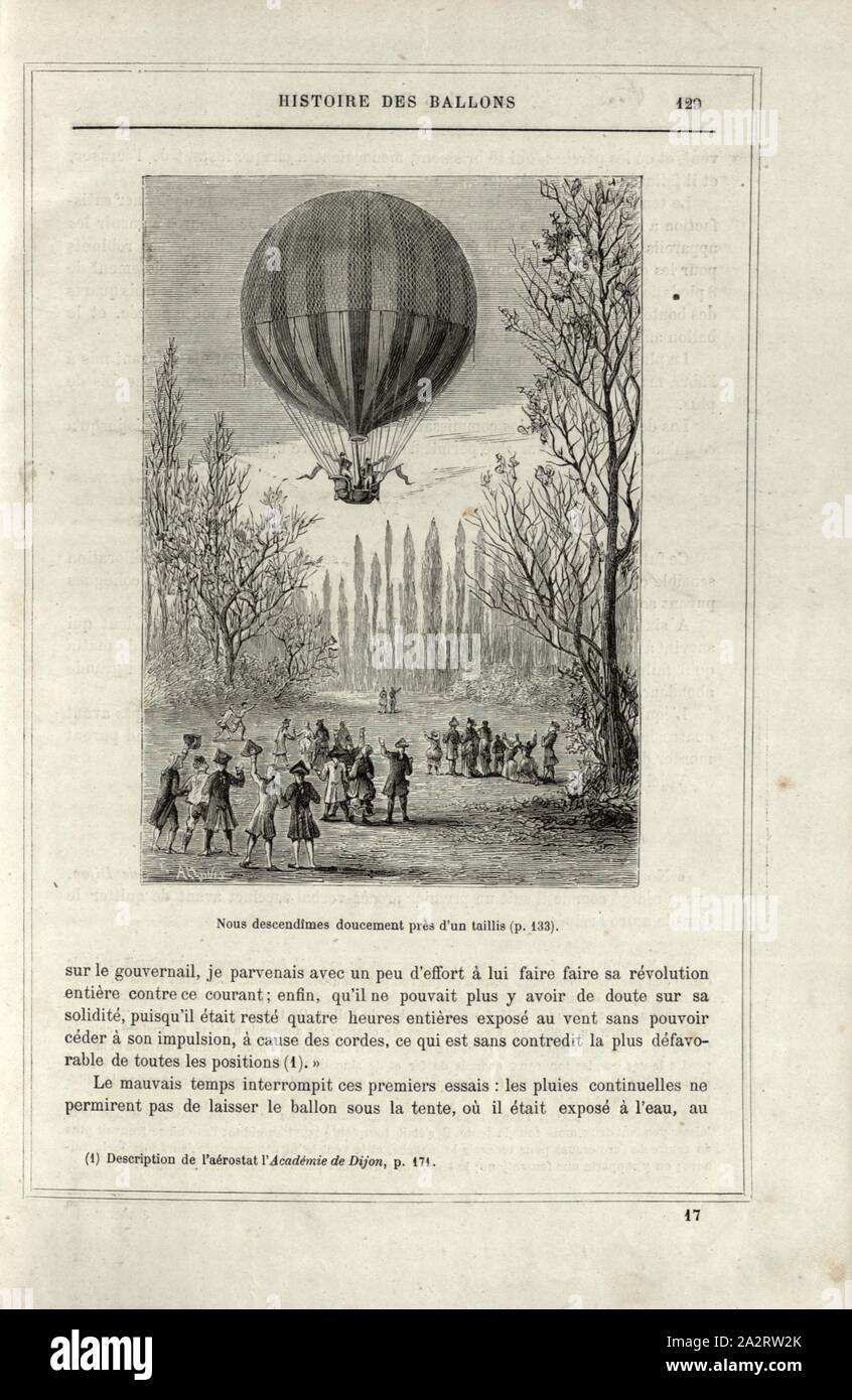 We descended slowly near a coppice, Hot Air Balloons of the Académie de Dijon on April 25, 1784 with Louis Bernard Guyton de Morveau and Charles André Hector Grossart de Virly, Signed: Allouis, Fig. 28, p. 129, Tissandier, Albert (dess.); Allouis (sc.), 1876, Alfred Sircos; Th. Pallier: Histoire des ballons et des ascensions célèbres avec une préface de Nadar: dessins de A. Tissandier [...]. Paris: F. Roy, 1876 Stock Photo