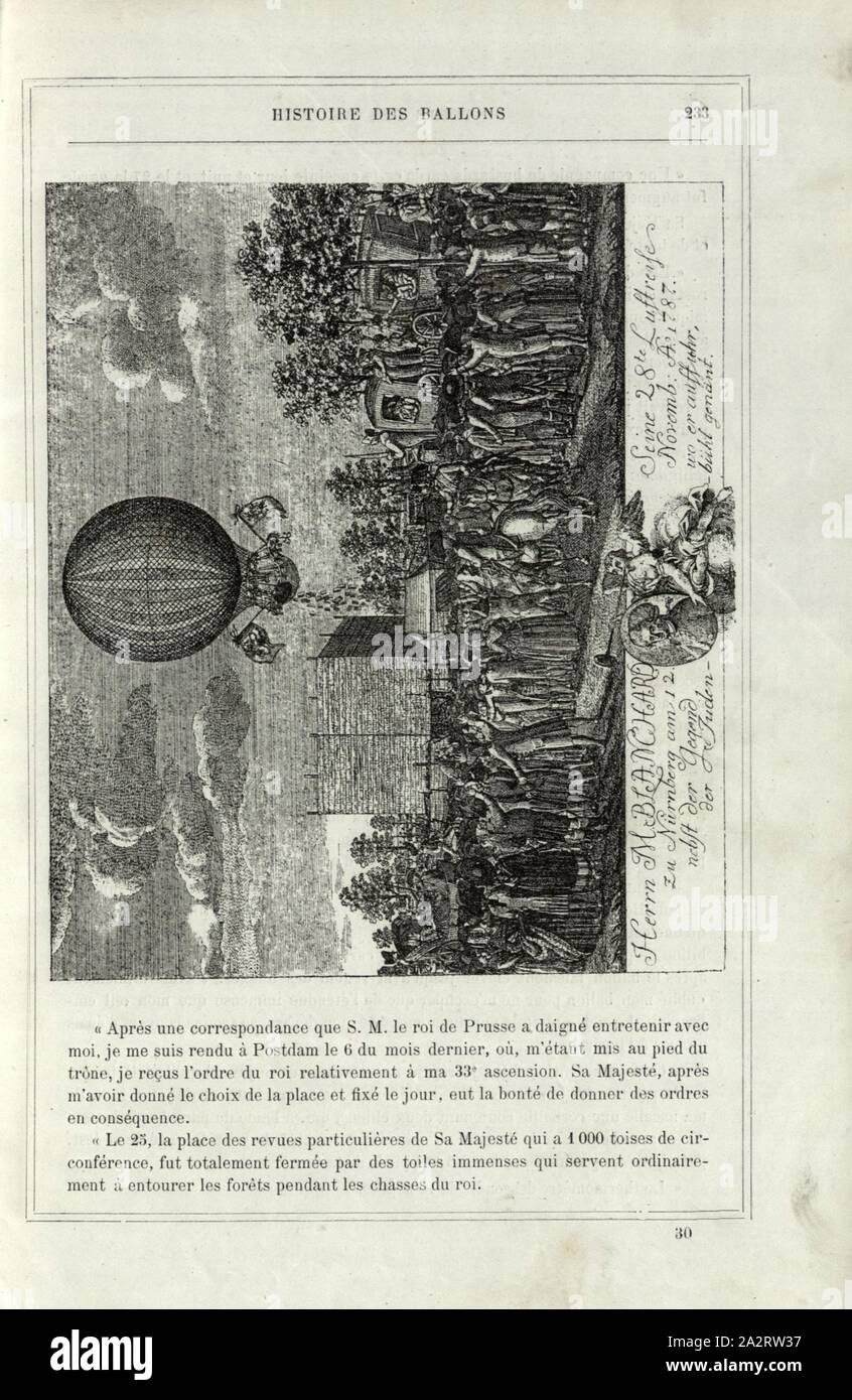 Mr. M. Blanchard his 28th air trip to Nuremberg on 12 November. A. 1787. in addition to the area where he started up, called the Judenbühl, Balloon ride by Jean-Pierre Blanchard on November 12, 1787 in Nuremberg, portrait of Jean-Pierre Blanchard, Fig. 44, p. 233, 1876, Alfred Sircos; Th. Pallier: Histoire des ballons et des ascensions célèbres avec une préface de Nadar: dessins de A. Tissandier [...]. Paris: F. Roy, 1876 Stock Photo