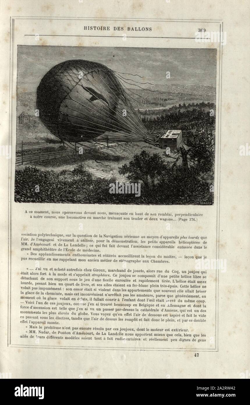 At this moment, we perceive in front of us, threatening at the top of its embankment, perpendicular to our race, a locomotive in motion dragging its tender and two wagons ..., Hot air balloon Géant by Felix Nadar before the crash near Neustadt am Rübenberge near Hanover on 19 October 1863, Signed: Demarle del, Renard, Fig. 65, p. 369, Demarle, Gustave-Alphonse (dess.); Rénard (sc.), 1876, Alfred Sircos; Th. Pallier: Histoire des ballons et des ascensions célèbres avec une préface de Nadar: dessins de A. Tissandier [...]. Paris: F. Roy, 1876 Stock Photo