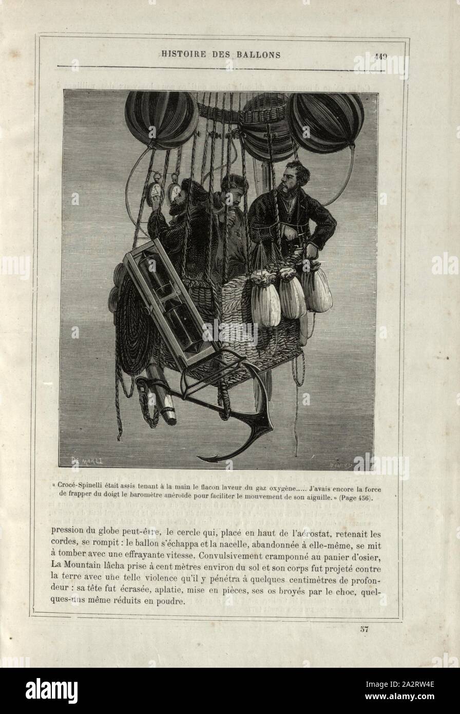 Crocé-Spinelli sat with the Oxygen Gas Flask in his hand ..... I still had the strength to tap the aneroid barometer to make it easier to move his needle, Théodore Henri Sivel, Joseph Crocé-Spinelli and Gaston Tissandier during a flight in the hot-air balloon 'Zenith' 1874, Signed: Demarle; Rénard, Fig. 76, p. 449, Demarle, Gustave-Alphonse (dess.); Rénard, A. (sc.), 1876, Alfred Sircos; Th. Pallier: Histoire des ballons et des ascensions célèbres avec une préface de Nadar: dessins de A. Tissandier [...]. Paris: F. Roy, 1876 Stock Photo