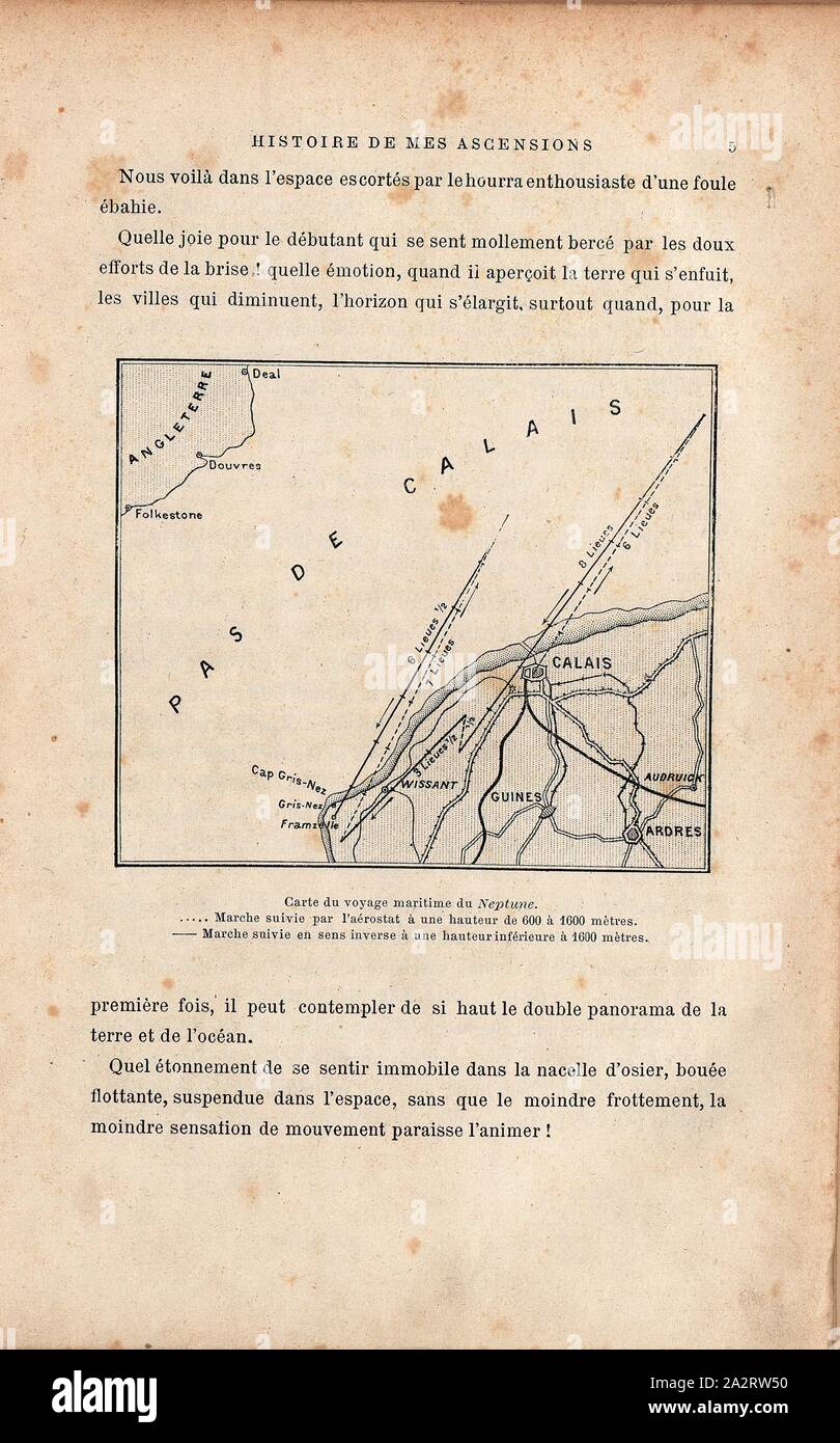 Map of the Neptune's maritime voyage, Trajectory of the hot-air balloon Neptune by Claude-Jules Duruof in the Nord-Pas-de-Calais region 1868, Fig. 8, p. 5, Tissandier, Albert (del.), 1887, Gaston Tissandier: Histoire de mes ascensions. Récit de quarante voyages aériens (1868-1886). Paris: Maurice Dreyfous, 1887 Stock Photo