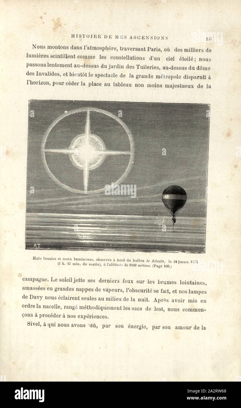 Lunar halo and luminous cross, observed aboard the balloon Zenith, March 24, 1875 5 h. 15 min. in the morning, at the altitude of 1100 meters, Light effect observed while riding the balloon Zenith on March 24, 1875, Signed: A. T, Fig. 41, p. 157, Tissandier, Albert (del.), 1887, Gaston Tissandier: Histoire de mes ascensions. Récit de quarante voyages aériens (1868-1886). Paris: Maurice Dreyfous, 1887 Stock Photo
