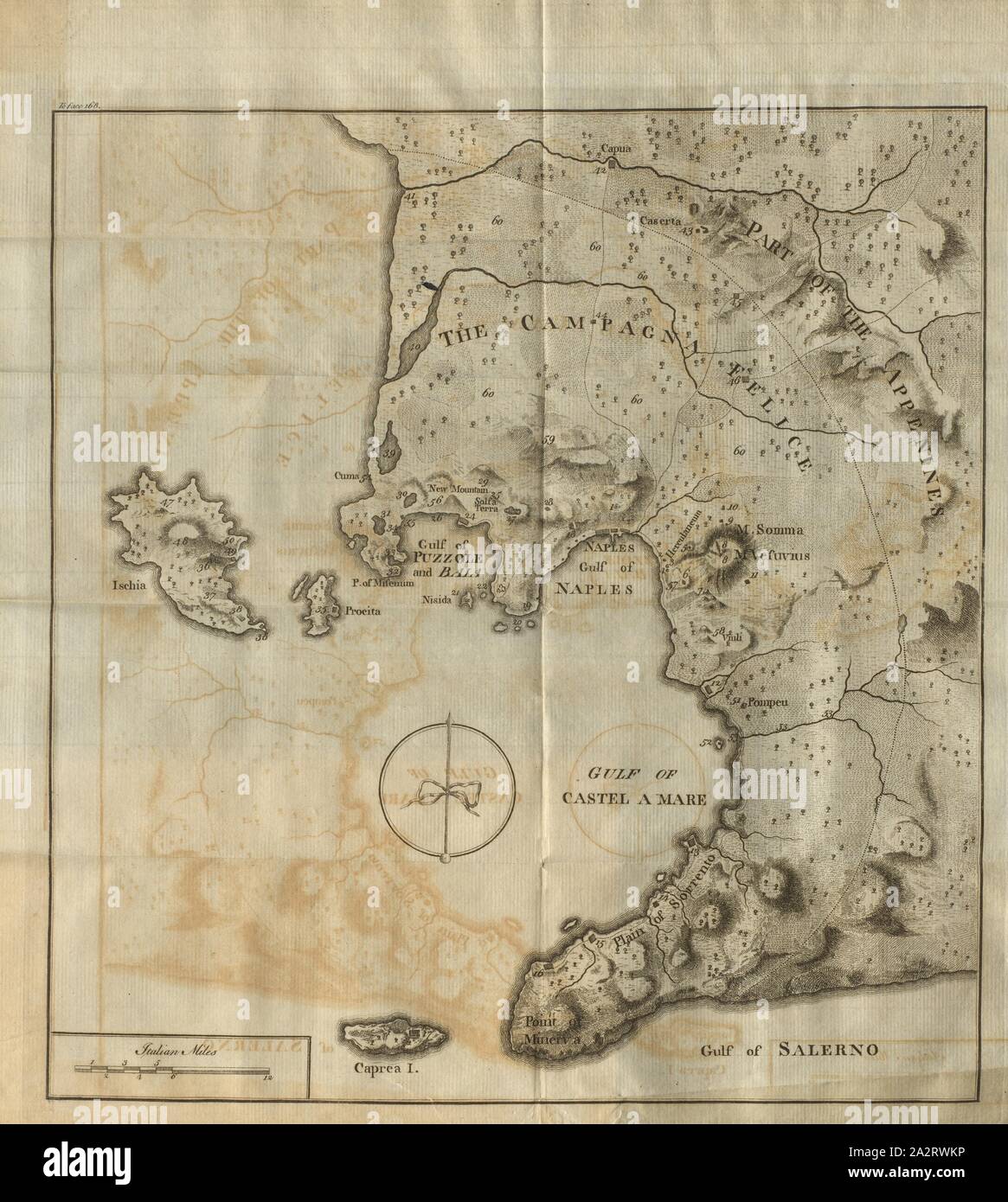 Map of the region Naples, Map of the Naples region, with Mount Vesuvius and the Gulf of Castel a Mare, 18th century, Plate VI, after 168, 1773, William Hamilton: Observations on Mount Vesuvius, Mount Etna, and other volcanos: in a series of letters, addressed to the Royal Society from [...] W. Hamilton [...]: to which are added, explanatory notes by the author, hitherto unpublished. London: printed for T. Cadell, 1773 Stock Photo
