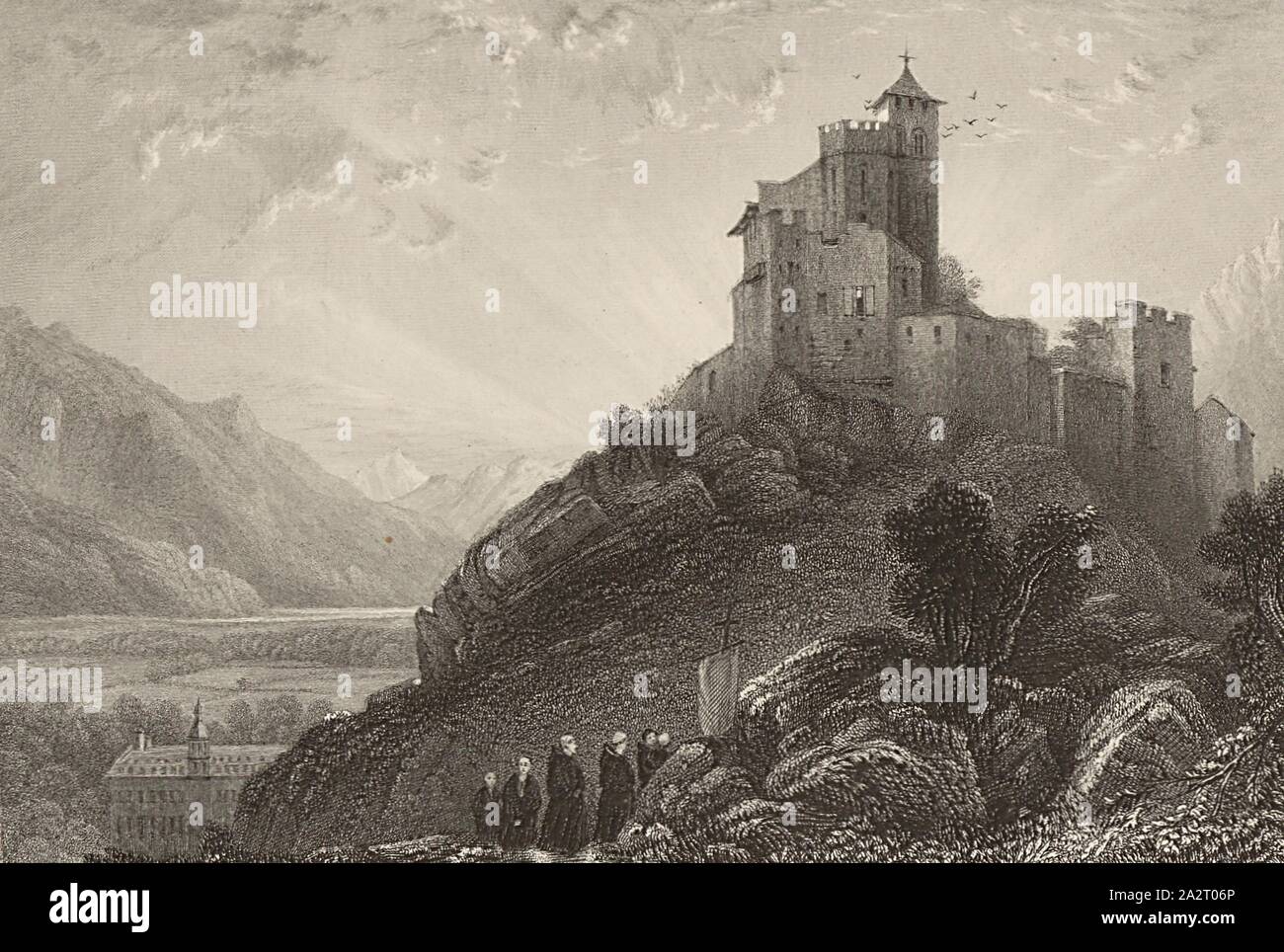 Cathedral of Sion, Valais, View of the castle (or church) Valère in Sion, signed: W.H. Bartlett, T. Creswick, W. Taylor, pl. 22, to p. 50 (vol. 1), Bartlett, William Henry; Creswick T.; Taylor, W., 1835, William Beattie, Switzerland. London: Virtue, 1836 Stock Photo