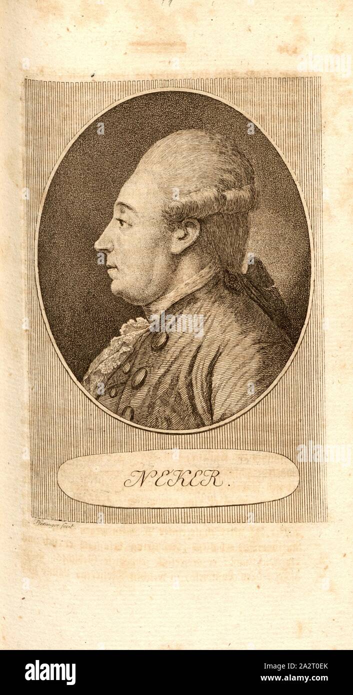 Neker, Portrait Jacques Necker, signed: Pfenninger fecit, Taf. 38, p. 290, Pfenninger, Heinrich (fec.), Leonhard Meister; Heinrich Pfenninger; J. C Fäsi: Helvetiens berühmte Männer in Bildnissen. Bd. 2. Zürich: im Verlag von Heinrich Pfenninger Mahler, 1799 Stock Photo