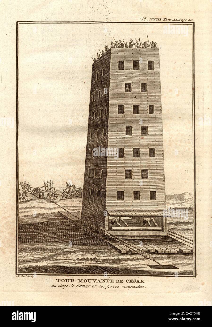 Caesar's Moving Tower, Movable tower used at the siege of Namur, signed: M. Pool sculp, Pl. XXIII, Tom., II., P. 210, Pool, M. (sculp.), 1774, Polybius; Vincent Thuillier; Jean Charles de Folard: Histoire de Polybe. Tome 2; Amsterdam: Arkstée et Merkus, MDCCLXXIV [1774 Stock Photo