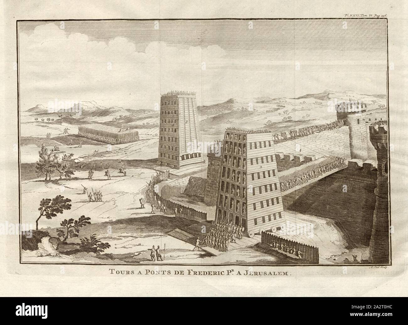 Bridge Towers by Frederic Pr. In Jerusalem, Siege Towers of Frederick II in Jerusalem, signed: M. Pool sculp, Pl. XXII, Tom., II. Pag., 206, after p. 206, Pool, M. (sculp.), 1774, Polybius; Vincent Thuillier; Jean Charles de Folard: Histoire de Polybe. Tome 2; Amsterdam: Arkstée et Merkus, MDCCLXXIV [1774 Stock Photo