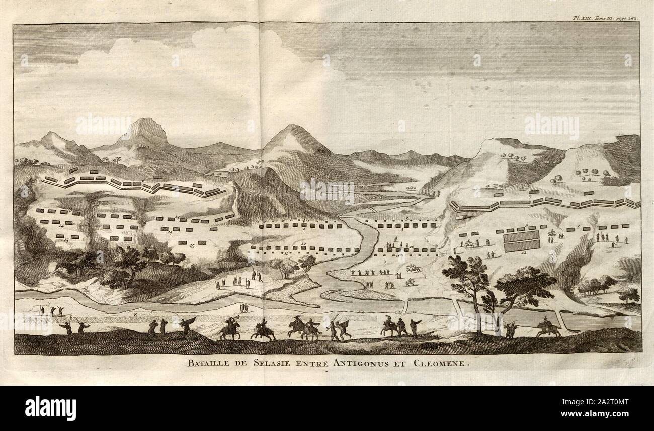 Battle of Selasia between Antigonus and Cleomene, Battle of Sellasia between the Macedonian troops under Antigonus and the Spartans under Cleomenes III, Pl. XIII, Tom., III, page 282, to p. 282, 1774, Polybius; Vincent Thuillier; Jean Charles de Folard: Histoire de Polybe. Tome 3; Amsterdam: Arkstée et Merkus, MDCCLXXIV [1774 Stock Photo