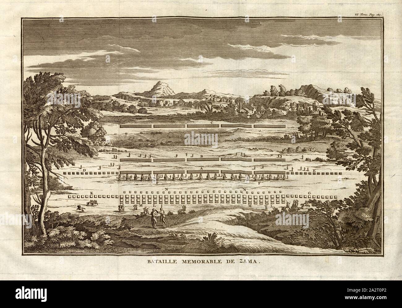 Memorable Battle of Zama, The Battle of Zama between the troops of Scipio and Hannibal, Tom., VI, Pag, 183, after p. 182, 1774, Polybius; Vincent Thuillier; Jean Charles de Folard: Histoire de Polybe. Tome 6; Amsterdam: Arkstée et Merkus, MDCCLXXIV [1774 Stock Photo