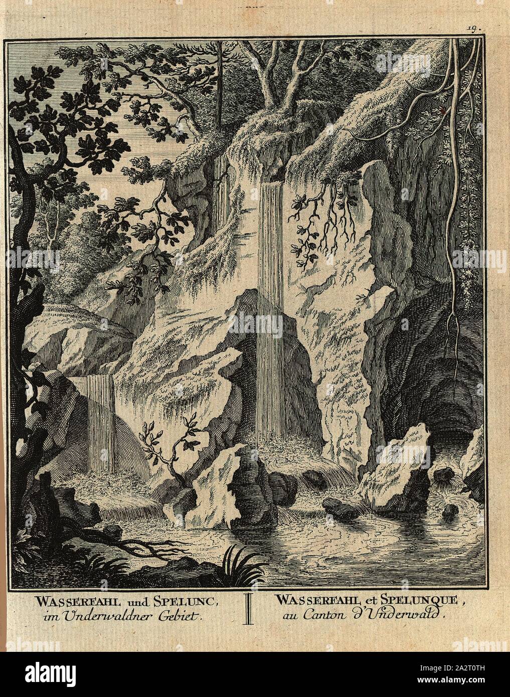 Wasserfahl and Spelunc, in the Underwaldner area, Waterfall and cave in the canton of Unterwalden, parallel title: Wasserfahl et spelunque, au canton d'Unterwald, etching, plaque 6, to p. 44, 1747, Joh. Georg Sulzers Beschreibung einiger Merckwürdigkeiten, welche er in einer Ao. 1742 gemachten Berg-Reise durch einige Oerter der Schweitz beobachtet hat. Zürich: bey David Gessner, Gbdr., 1747 Stock Photo