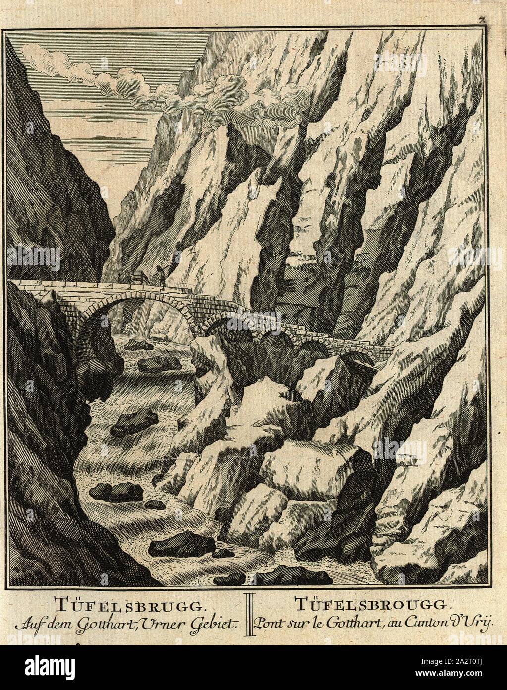 Tüfelsbrugg, Devil's Bridge, parallel title: Tüfelsbrugg, etching, day., 7, after p. 54, 1747, Joh. Georg Sulzers Beschreibung einiger Merckwürdigkeiten, welche er in einer Ao. 1742 gemachten Berg-Reise durch einige Oerter der Schweitz beobachtet hat. Zürich: bey David Gessner, Gbdr., 1747 Stock Photo