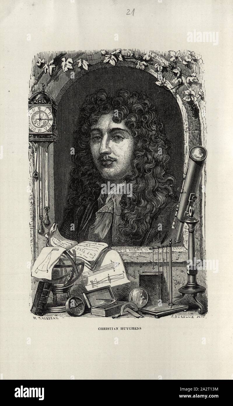 Christian Huyghens, Portrait of Christiaan Huygens, Date Appreciated, Signed: H. Rousseau; F. Méaulle sc, Fig. 19, after p. 320, Rousseau, H.; Méaulle, F. (sc), 1869, Louis Figuier: Vies des savants illustres: depuis l'antiquité jusqu'au dix-neuvième siècle. Paris: librairie internationale, 1869 Stock Photo