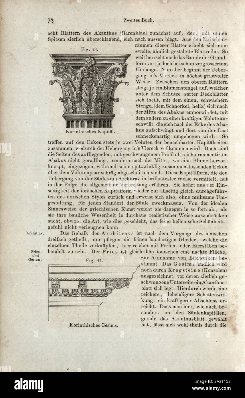 Corinthian capital and Corinthian cornice, Greek Architecture: Corinthian capital and cornice, fig. 43-44, p. 72, Wilhelm Lübke: Geschichte der Architektur von den ältesten Zeiten bis auf die Gegenwart. Leipzig: Verlag von Emil Graul, 1855 Stock Photo