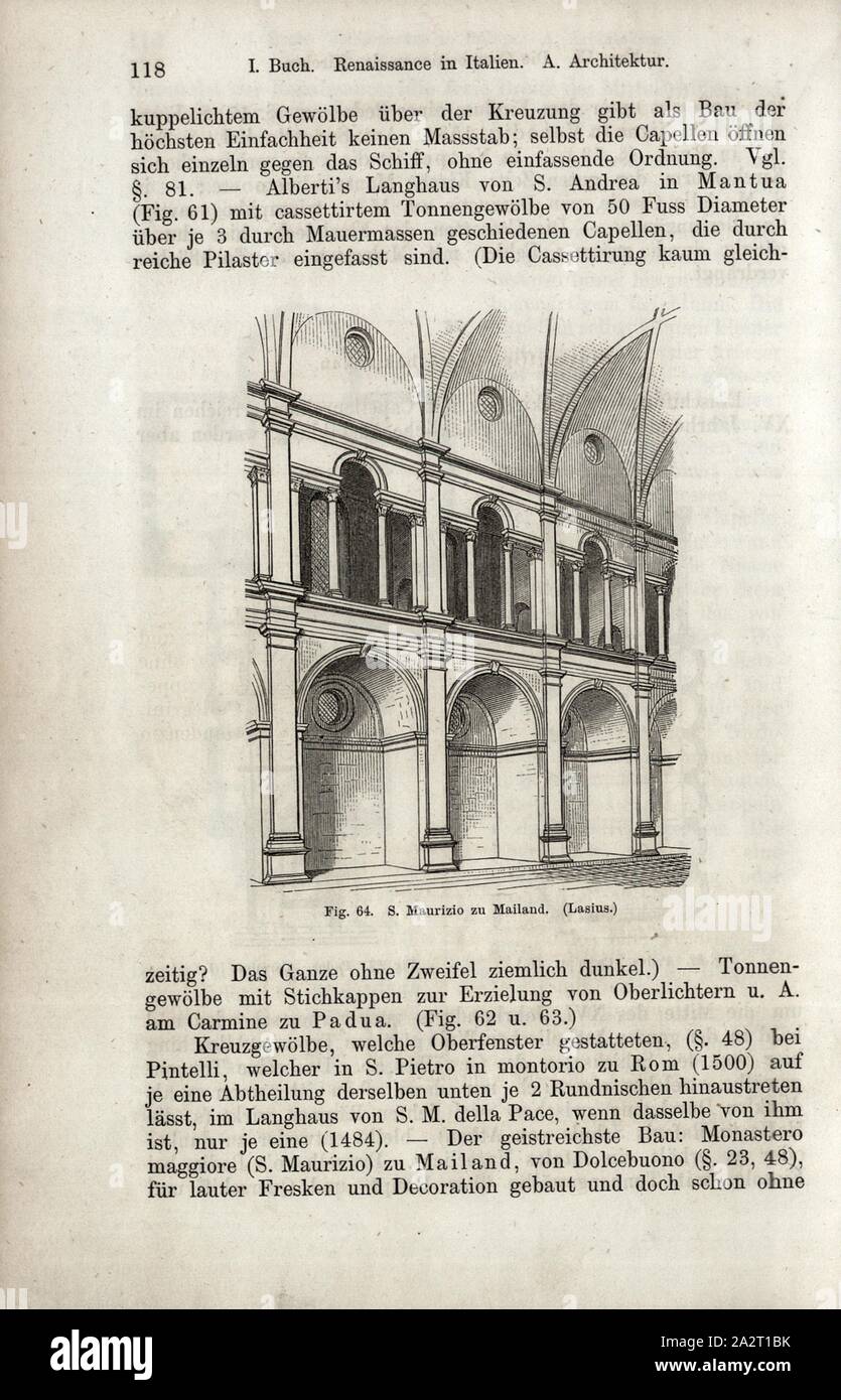 S. Maurizio to Milan, Interior of San Maurizio Church in Monastero Maggiore in Milan, signed: Lasius, fig. 64, p. 118, Lasius, Elise, 1867, Jacob Burckhardt; Wilhelm Lübke: Geschichte der neueren Baukunst. Stuttgart: Verlag von Ebner & Seubert, 1867 Stock Photo