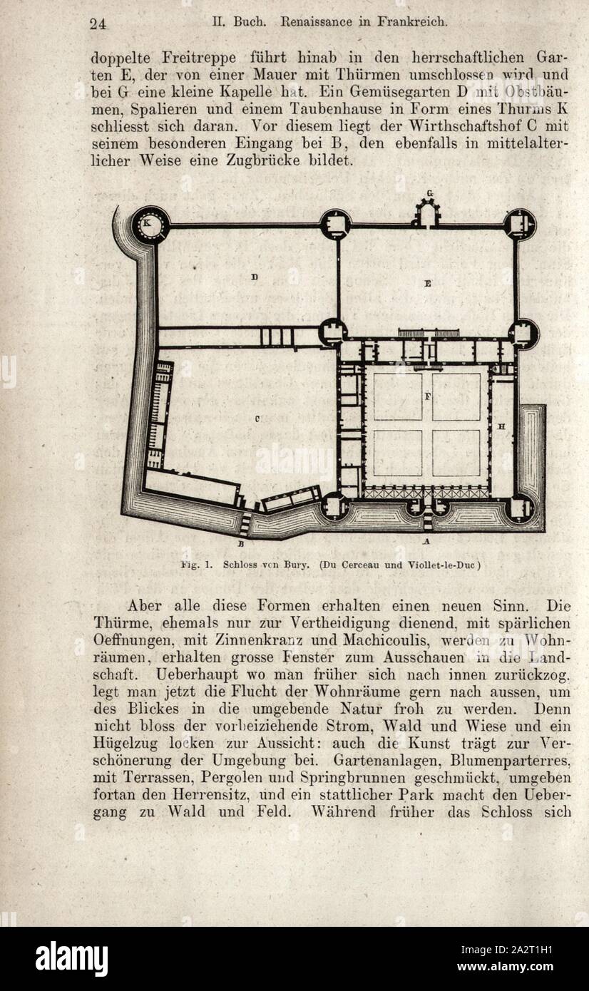 Schloss von Bury (Du Cerceau und Viollet-le-Duc), Floor plan Château de Bury, Fig. 1, p. 24, 1867, Jacob Burckhardt; Wilhelm Lübke: Geschichte der neueren Baukunst. Stuttgart: Verlag von Ebner & Seubert, 1867 Stock Photo