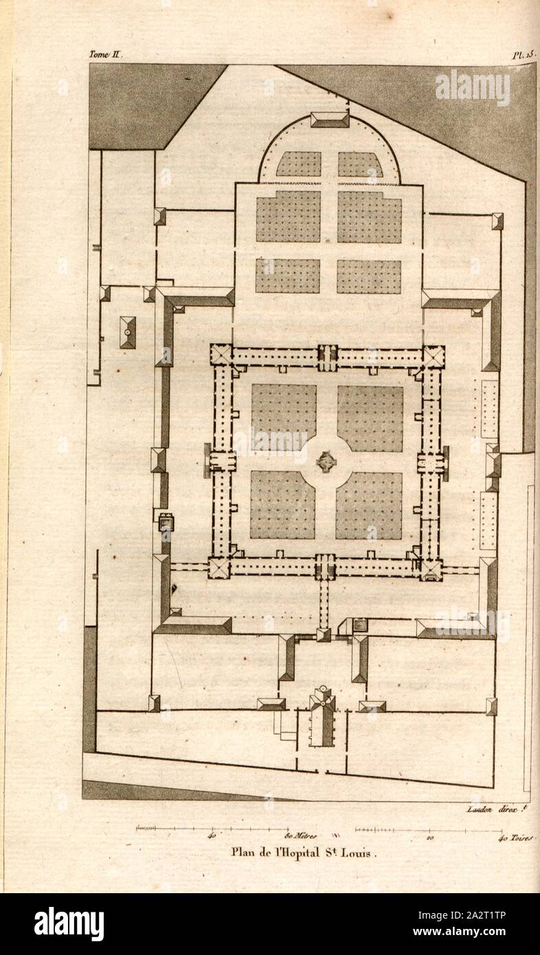 Map of St. Louis Hospital, Plan and floor plan Hôpital Saint-Louis in Paris, Pl. 15, after p. 72, p. 105, J. G. Legrand; C. P. Landon: Description de Paris et de ses édifices: avec un précis historique et des observations sur le caractère de leur architecture, et sur les principaux objets d'art et de curiosité qu'ils renferment. Seconde édition, corrigée avec soin dans toutes ses Parties, et considérablement augmentée. Bd. 2. Paris. Strasbourg. Treuttel et Würtz, 1818 Stock Photo