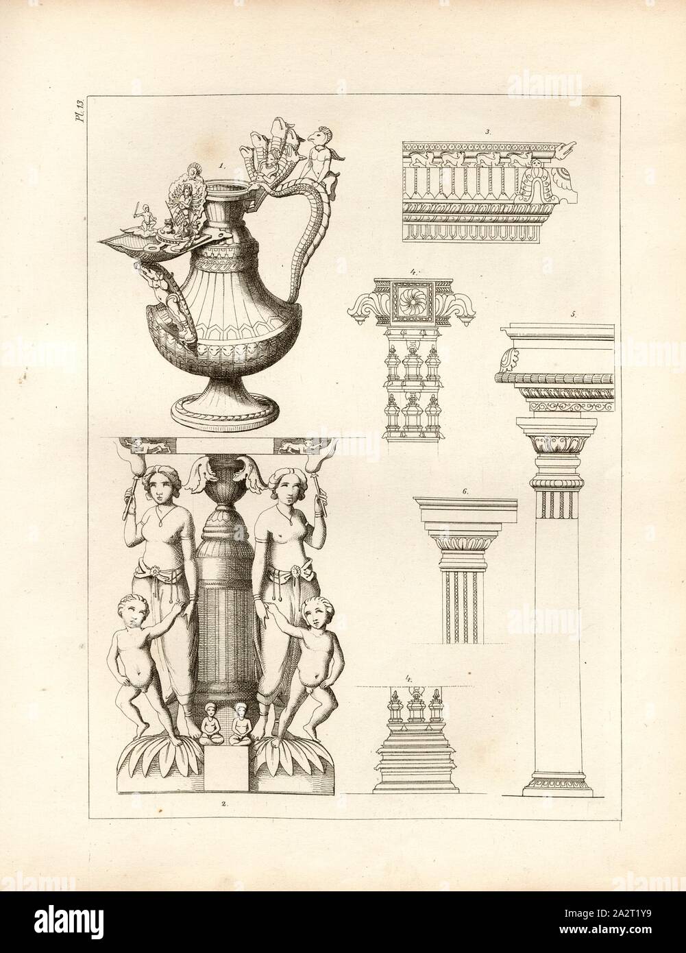 Indian works of art, Fig. 1: Golden sacrificial vessel, Fig. 2: Bas-relief from the Temple of Dienuhha, Fig. 3-6: Column details, pl. 13, after p. 124, fol. 13r, Carl August Menzel: Die Kunstwerke von dem Alterthum bis in die Gegenwart [...] oder Wegweiser durch das ganze Gebiet der bildenden Kunst [...]. Bd. 1. Leipzig: J. A. Romberg's Verlag, [18 Stock Photo