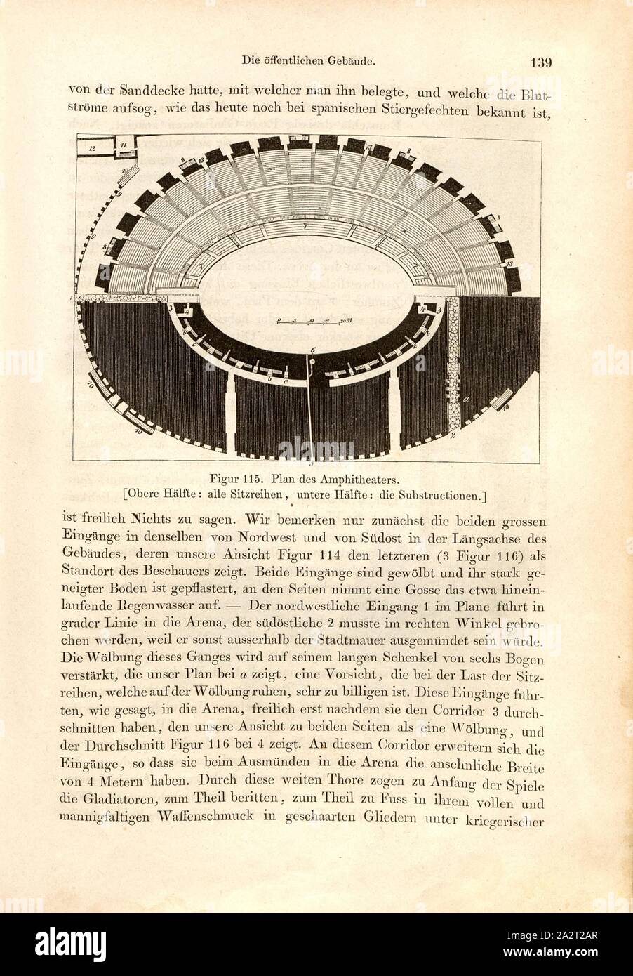 Plan des Amphitheaters, Plan Amphitheater in Pompeii, Fig. 115, p. 139, 1856, Johannes Overbeck: Pompeji in seinen Gebäuden, Alterthümern und Kunstwerken [...]. Leipzig: Verlag von Wilhelm Engelmann, 1856 Stock Photo