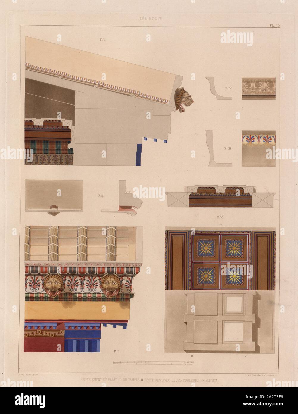 Selinunte, Illustration of the rafters and ceiling of the temple in their original colors from the 19th century, signed: H. et Z. mens., et del, A.F. Lemaitre et E. Ollivier sc, P. 45, p. 101, Hittorff, Jacques Ignace (mens. et del.); Zanth, Ludwig (mens. et del.); Lemaitre, A. F. (sc.); Ollivier, E. (sc.), 1870, Jacques Ignace Hittorff, Ludwig Zanth: Architecture antique de la Sicile: recueil des monuments de Ségeste et de Sélinonte mesurés et dessinés [...]. [Tome seconde]. Paris: imprimerie de E. Donnaud, 1870 Stock Photo